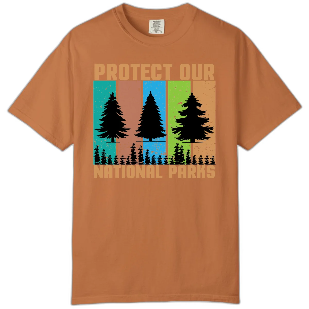 Silhouetted evergreen tree across five colorful panels with text 'Protect Our National Parks' promoting forest conservation. in Yam