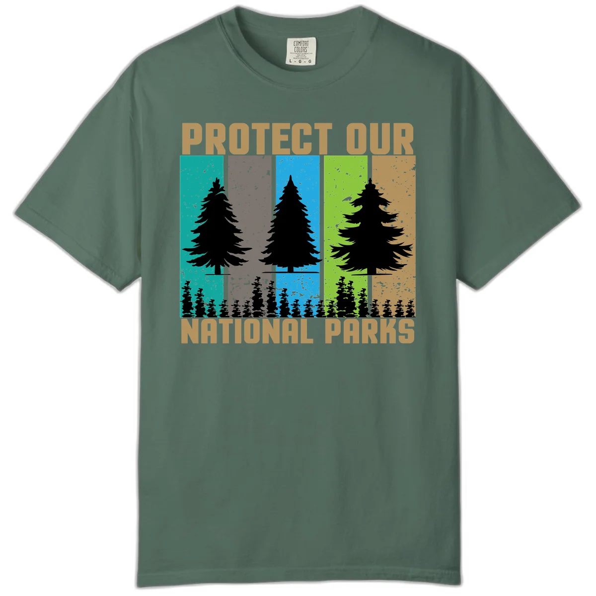 Silhouetted evergreen tree across five colorful panels with text 'Protect Our National Parks' promoting forest conservation. in Blue Spruce