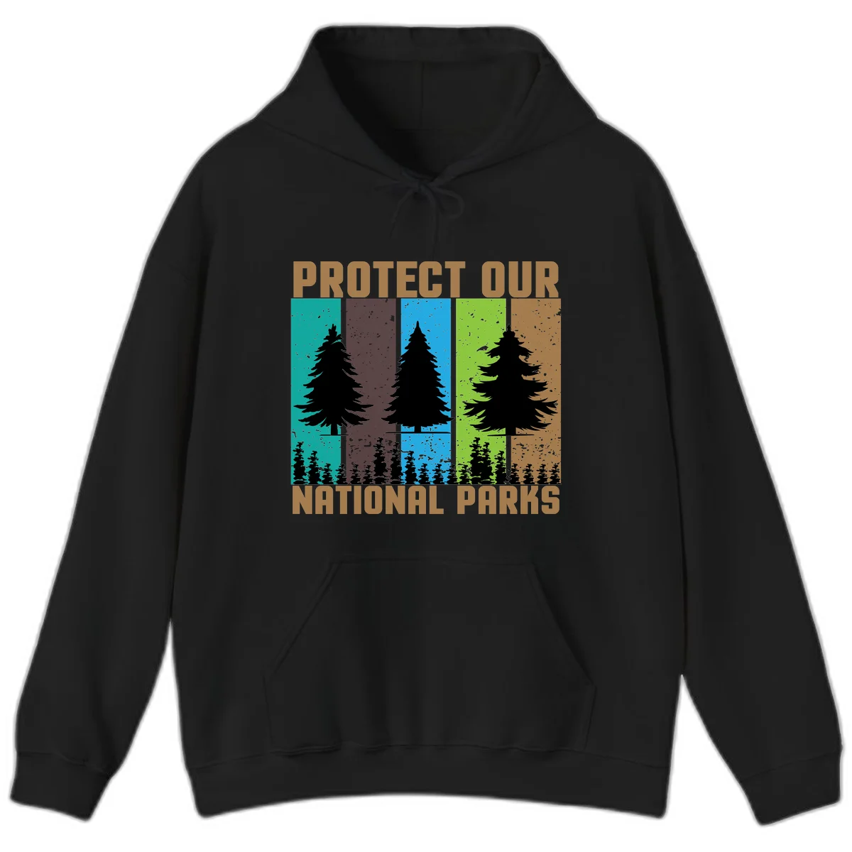 Silhouetted evergreen tree across five colorful panels with text 'Protect Our National Parks' promoting forest conservation. in Black