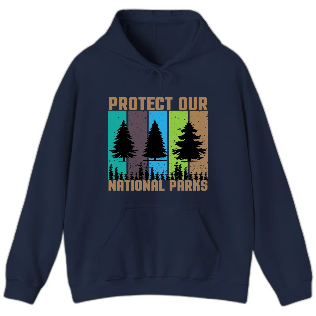 Silhouetted evergreen tree across five colorful panels with text 'Protect Our National Parks' promoting forest conservation. in Navy