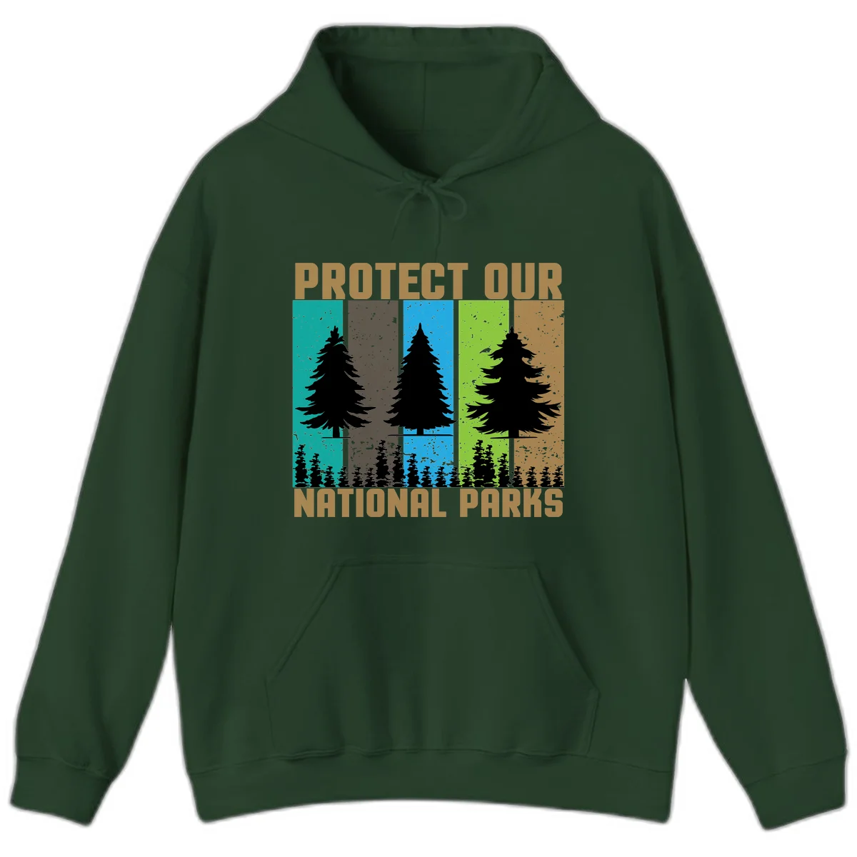 Silhouetted evergreen tree across five colorful panels with text 'Protect Our National Parks' promoting forest conservation. in Forest Green