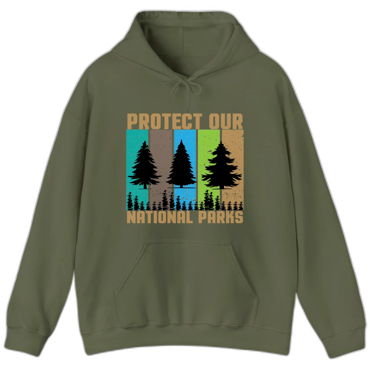 Silhouetted evergreen tree across five colorful panels with text 'Protect Our National Parks' promoting forest conservation. in Military Green