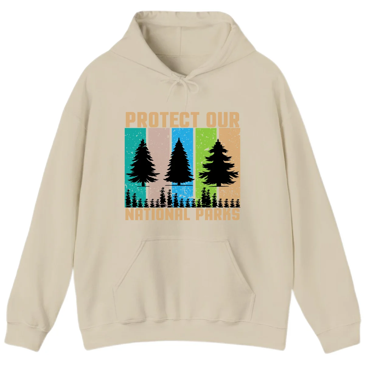 Silhouetted evergreen tree across five colorful panels with text 'Protect Our National Parks' promoting forest conservation. in Sand