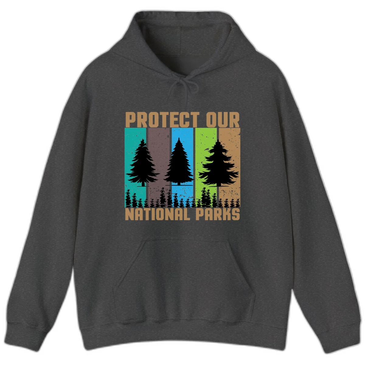Silhouetted evergreen tree across five colorful panels with text 'Protect Our National Parks' promoting forest conservation. in Dark Heather