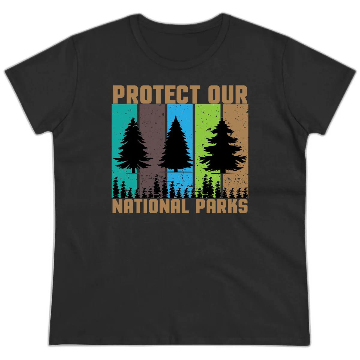 Silhouetted evergreen tree across five colorful panels with text 'Protect Our National Parks' promoting forest conservation. in Black