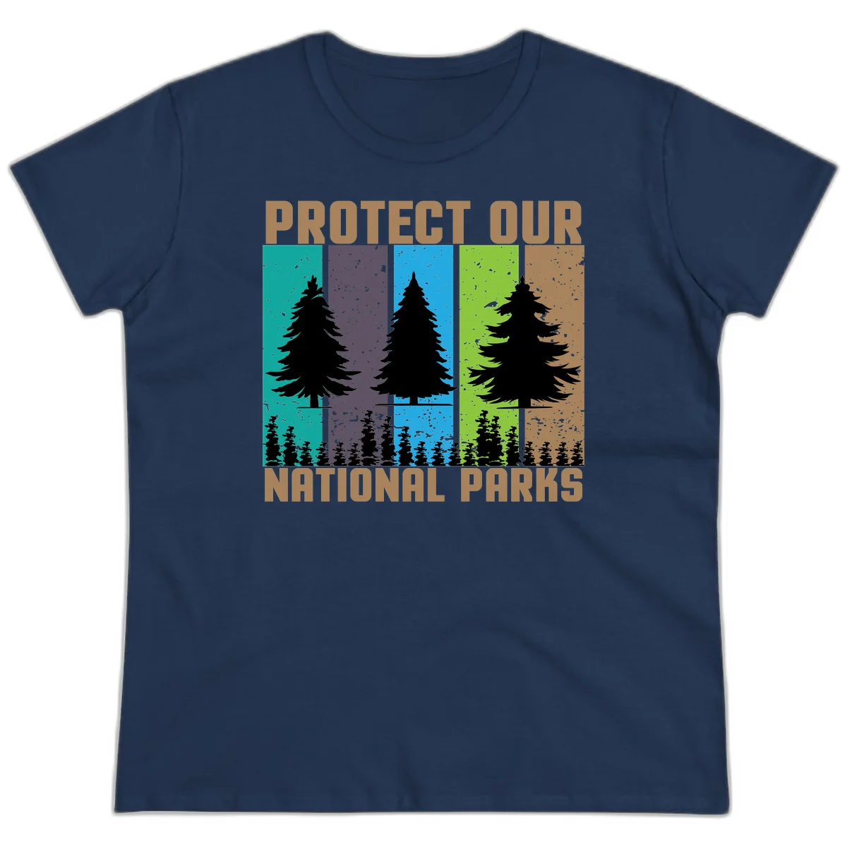 Silhouetted evergreen tree across five colorful panels with text 'Protect Our National Parks' promoting forest conservation. in Navy
