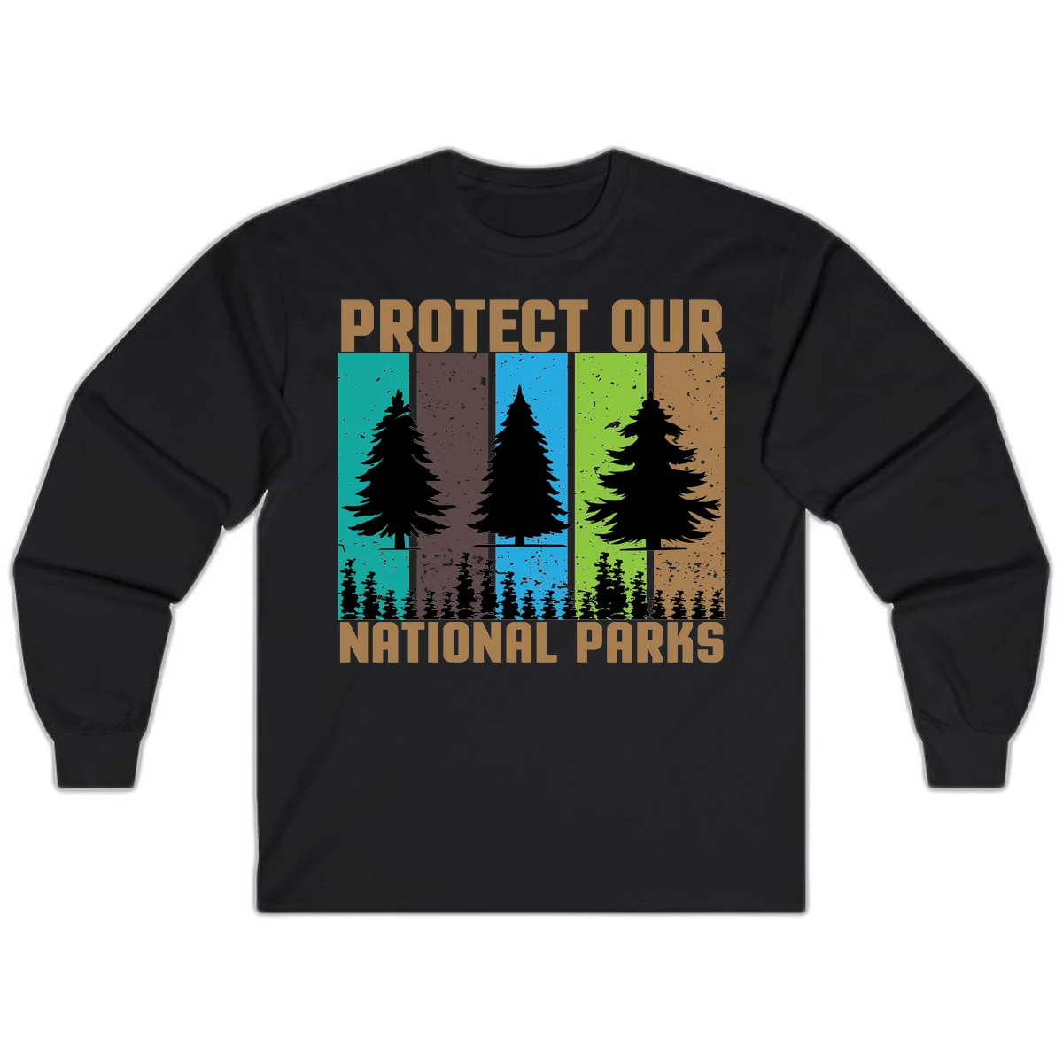Silhouetted evergreen tree across five colorful panels with text 'Protect Our National Parks' promoting forest conservation. in Black