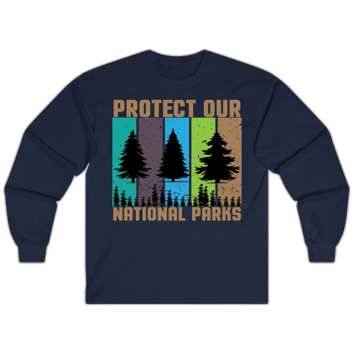 Silhouetted evergreen tree across five colorful panels with text 'Protect Our National Parks' promoting forest conservation. in Navy