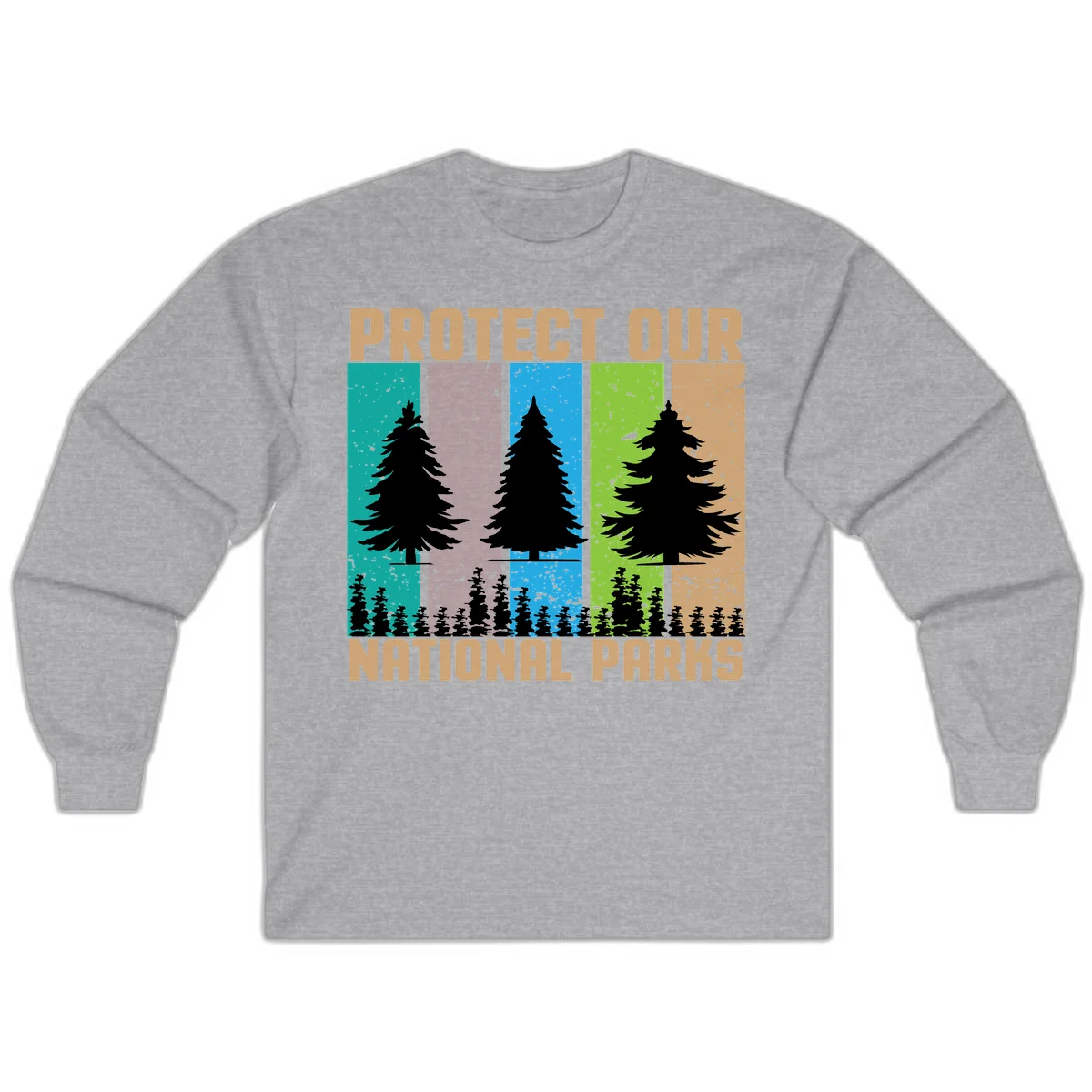 Silhouetted evergreen tree across five colorful panels with text 'Protect Our National Parks' promoting forest conservation. in Sport Grey