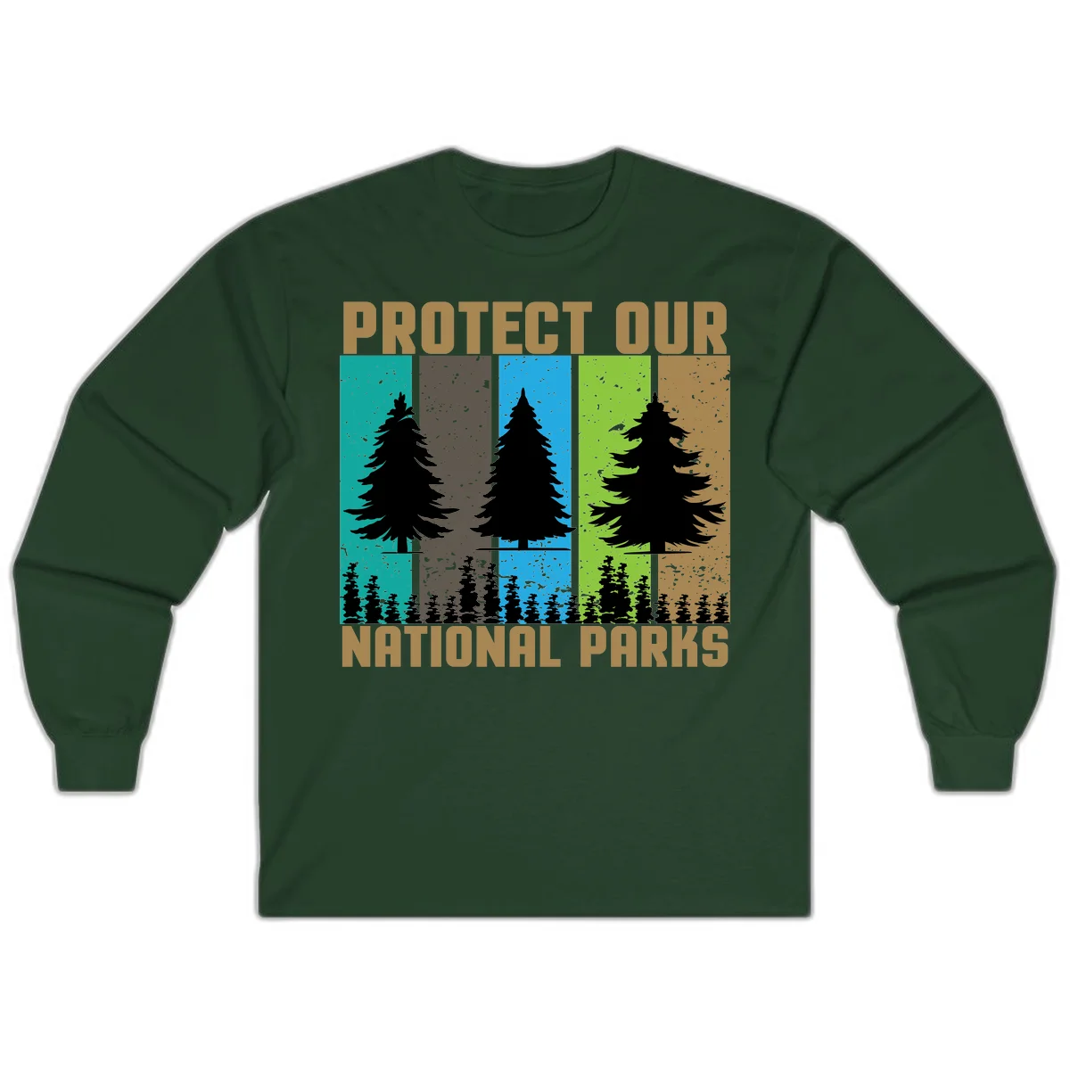 Silhouetted evergreen tree across five colorful panels with text 'Protect Our National Parks' promoting forest conservation. in Forest Green