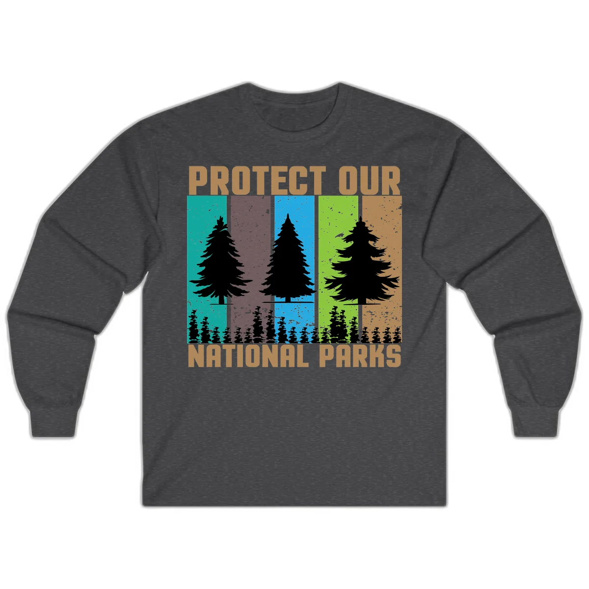 Silhouetted evergreen tree across five colorful panels with text 'Protect Our National Parks' promoting forest conservation. in Dark Heather