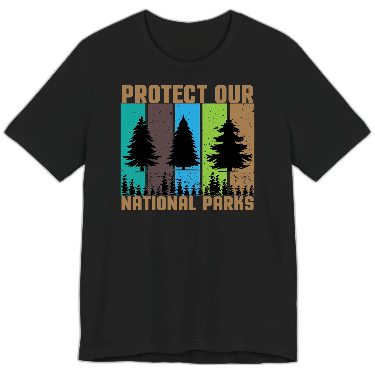Silhouetted evergreen tree across five colorful panels with text 'Protect Our National Parks' promoting forest conservation. in Black