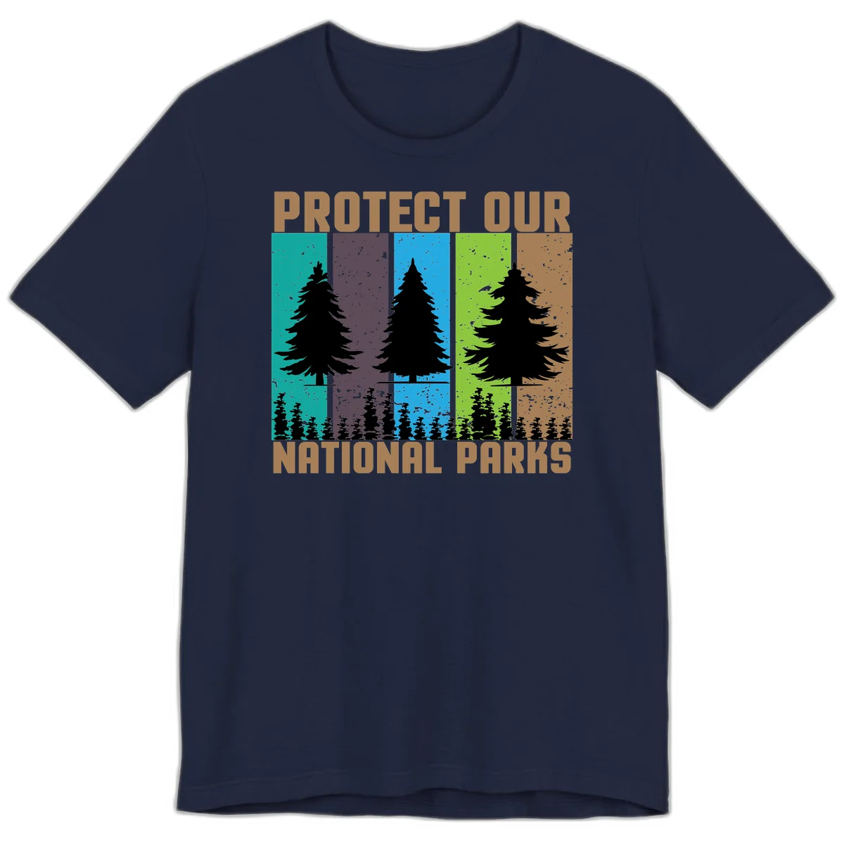 Silhouetted evergreen tree across five colorful panels with text 'Protect Our National Parks' promoting forest conservation. in Navy