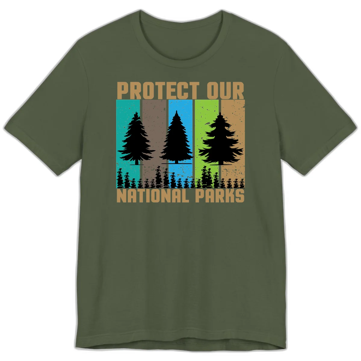 Silhouetted evergreen tree across five colorful panels with text 'Protect Our National Parks' promoting forest conservation. in Military Green
