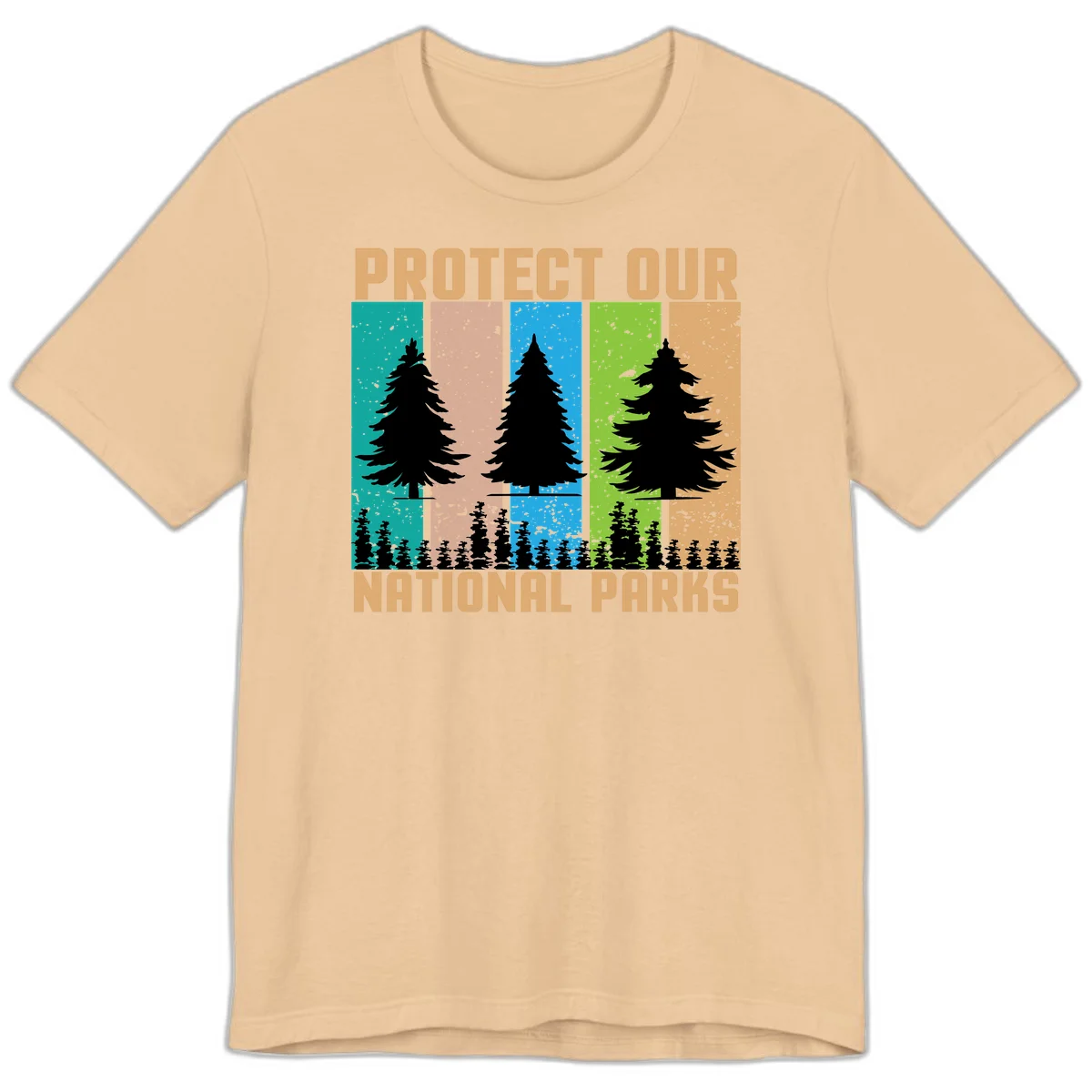 Silhouetted evergreen tree across five colorful panels with text 'Protect Our National Parks' promoting forest conservation. in Sand Dune