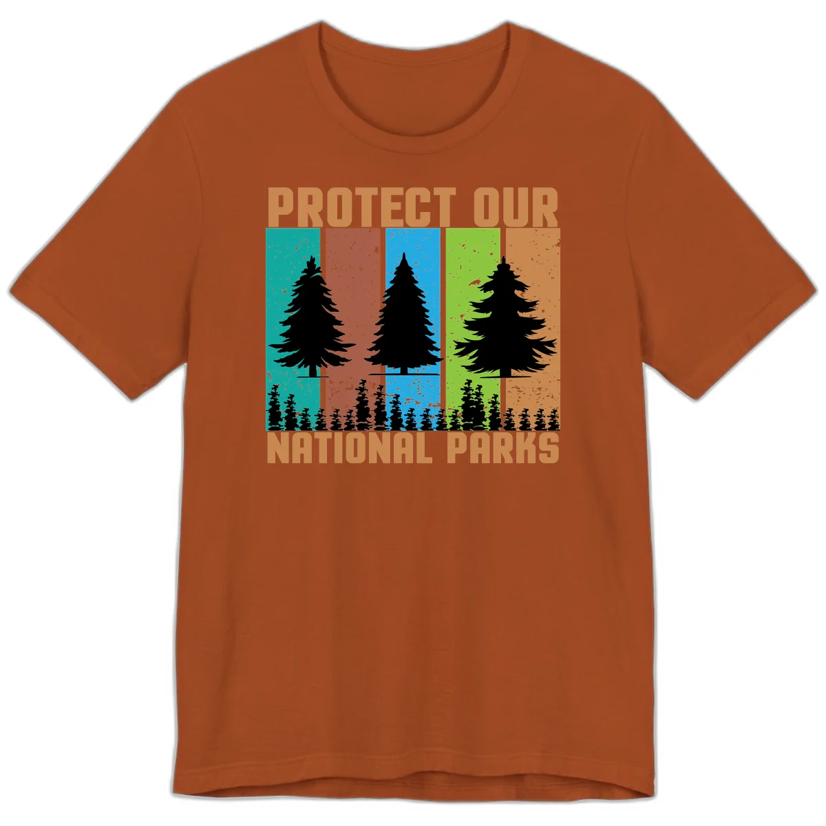 Silhouetted evergreen tree across five colorful panels with text 'Protect Our National Parks' promoting forest conservation. in Autumn