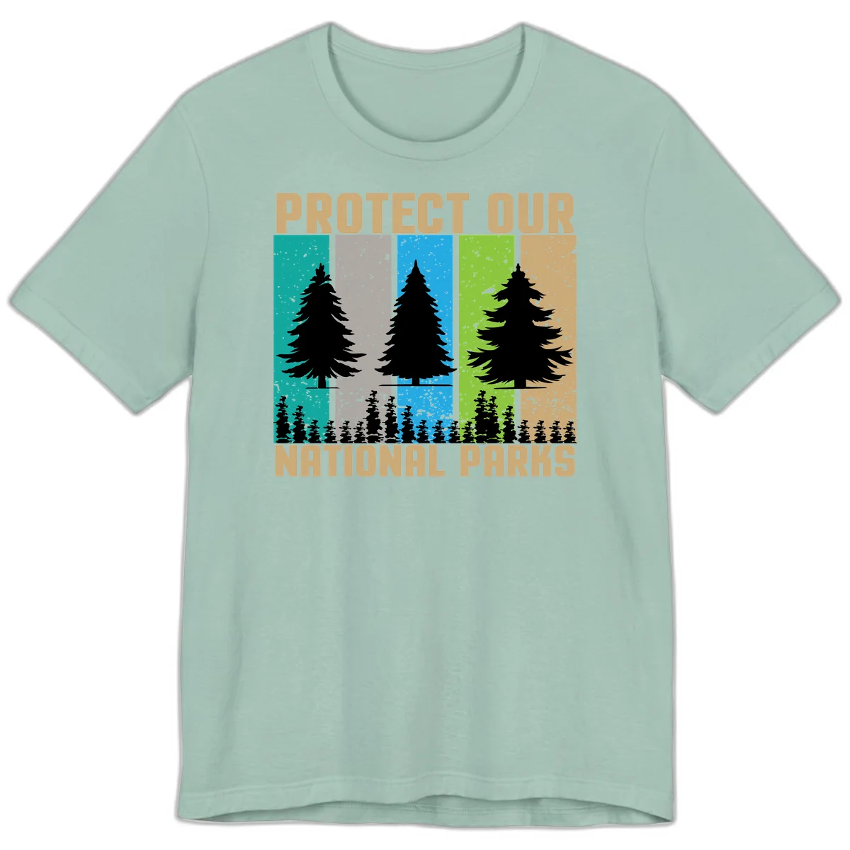 Silhouetted evergreen tree across five colorful panels with text 'Protect Our National Parks' promoting forest conservation. in Dusty Blue
