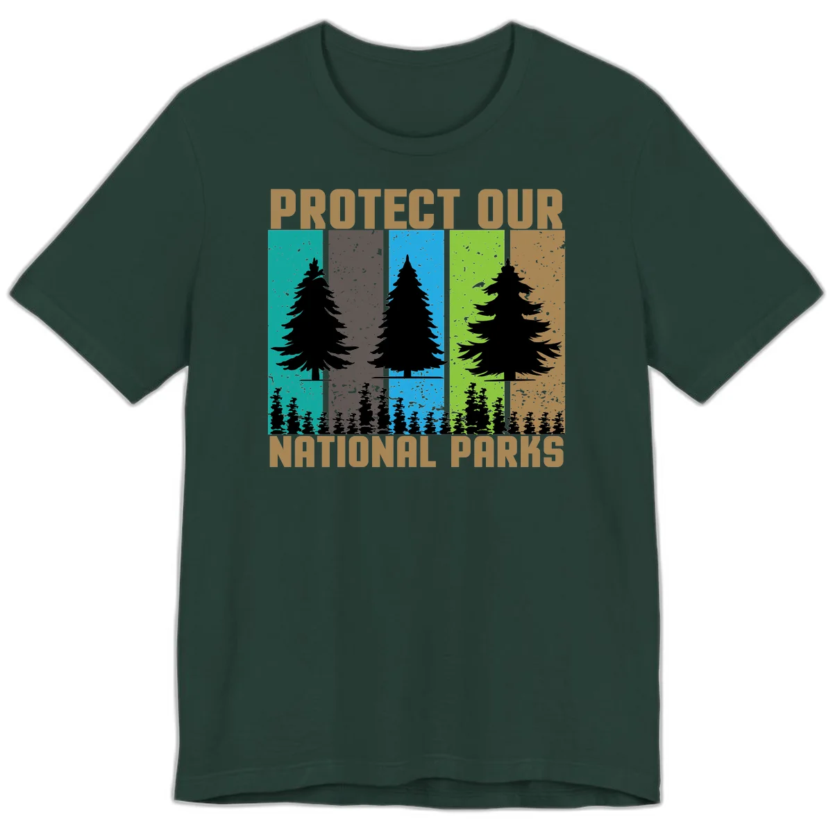 Silhouetted evergreen tree across five colorful panels with text 'Protect Our National Parks' promoting forest conservation. in Forest