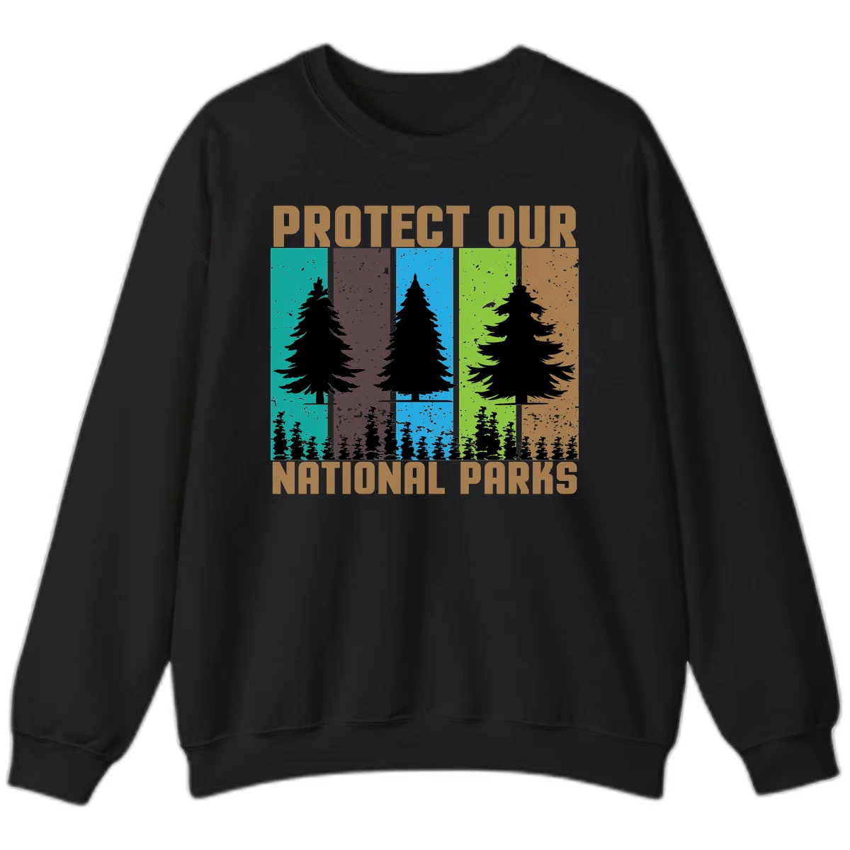 Silhouetted evergreen tree across five colorful panels with text 'Protect Our National Parks' promoting forest conservation. in Black