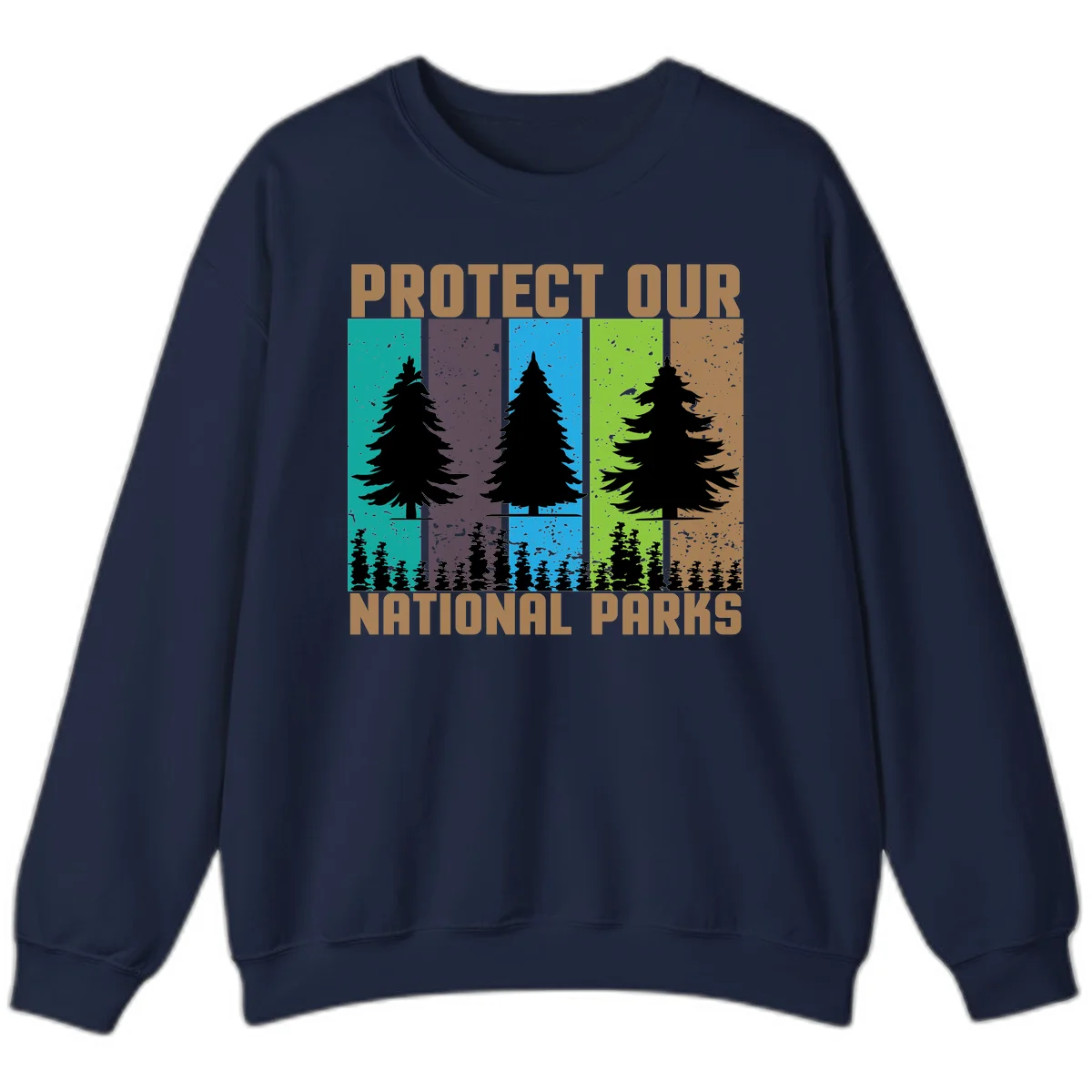 Silhouetted evergreen tree across five colorful panels with text 'Protect Our National Parks' promoting forest conservation. in Navy