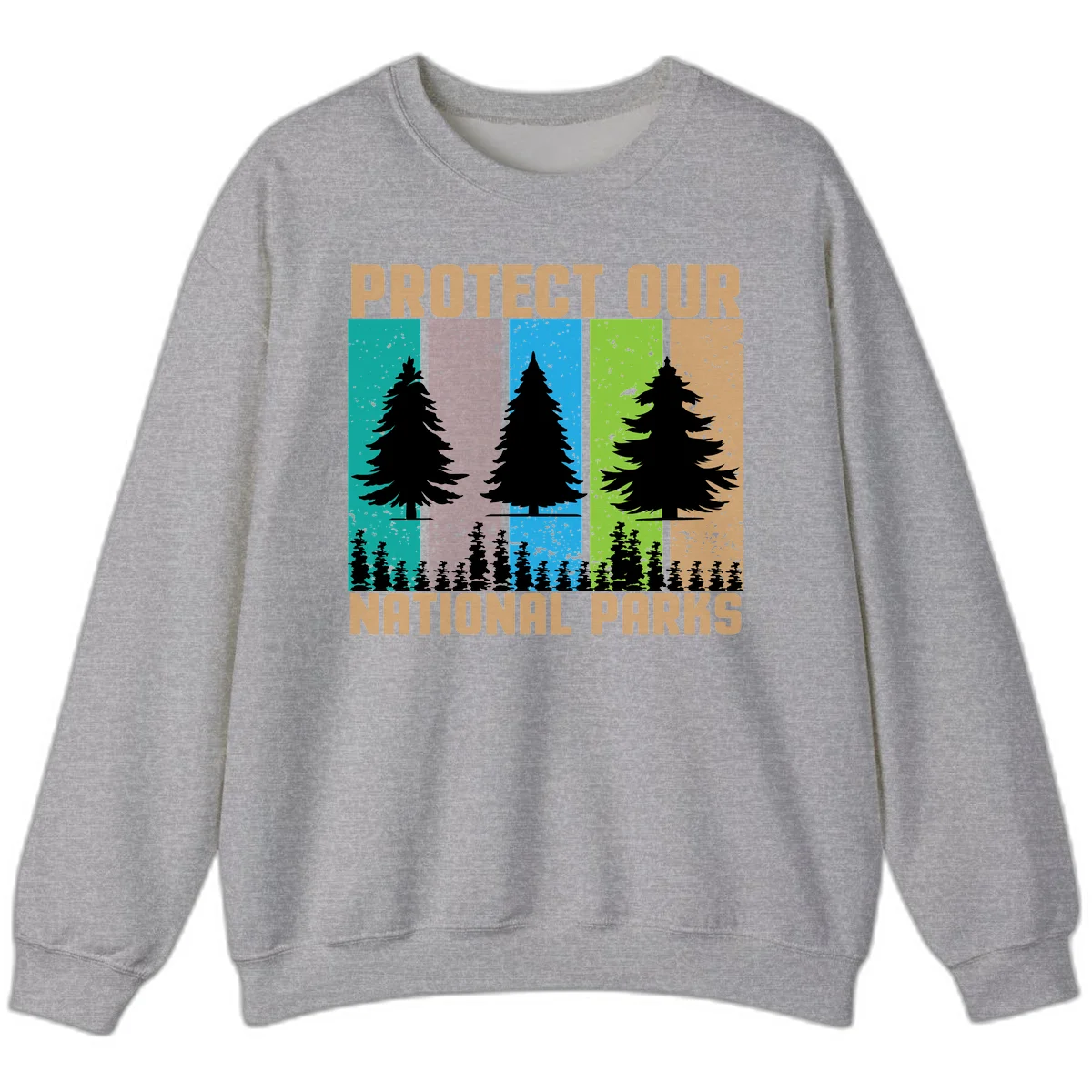 Silhouetted evergreen tree across five colorful panels with text 'Protect Our National Parks' promoting forest conservation. in Sport Grey