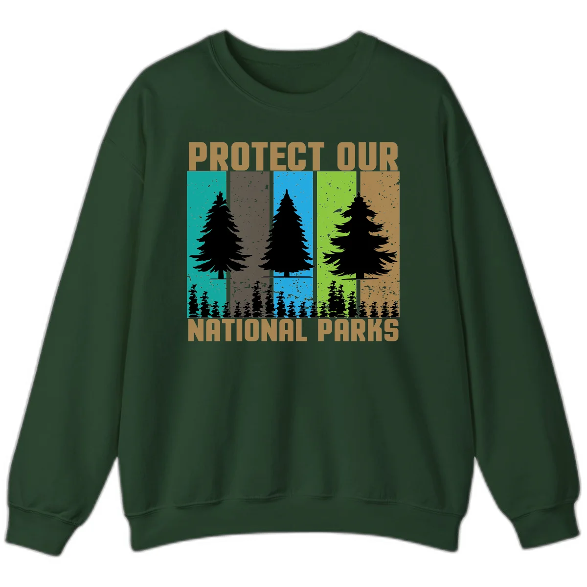 Silhouetted evergreen tree across five colorful panels with text 'Protect Our National Parks' promoting forest conservation. in Forest Green