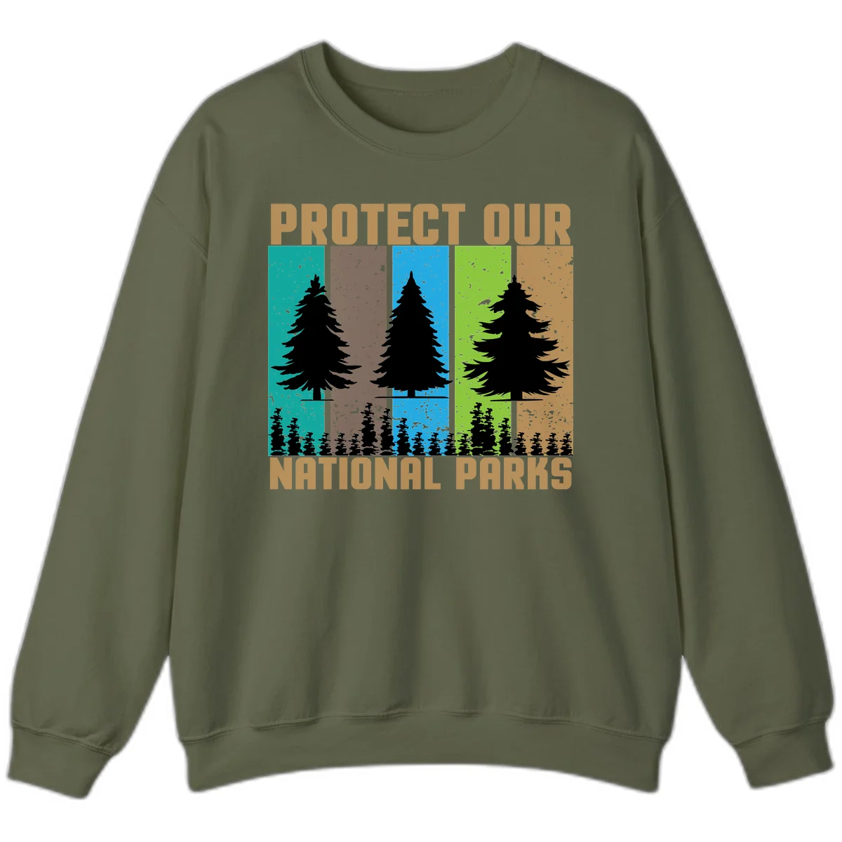 Silhouetted evergreen tree across five colorful panels with text 'Protect Our National Parks' promoting forest conservation. in Military Green