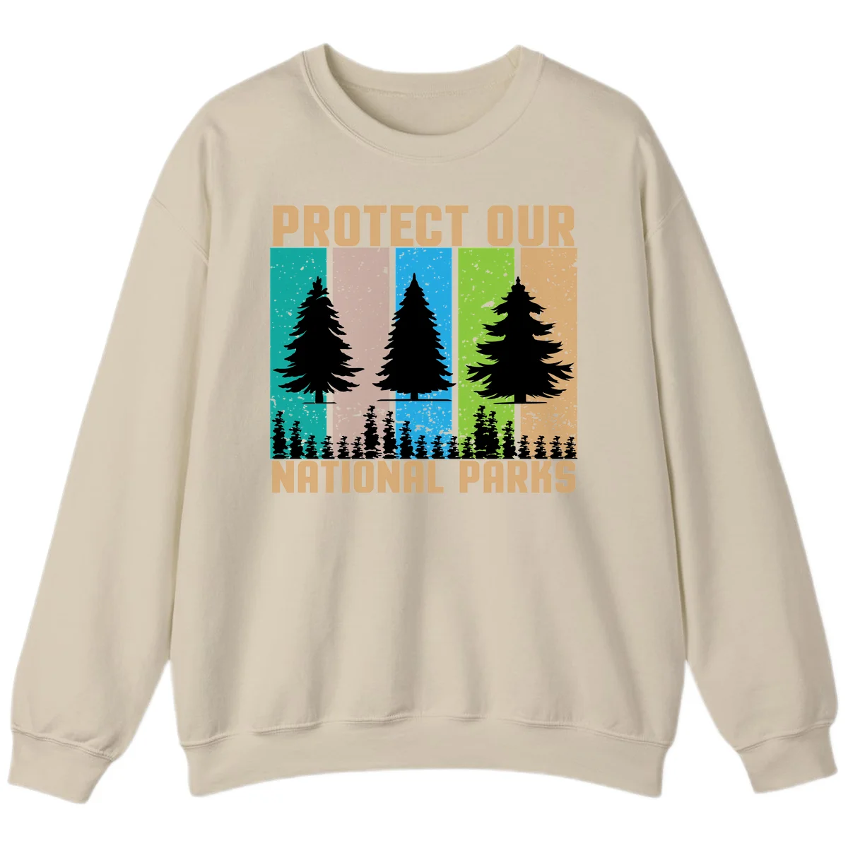 Silhouetted evergreen tree across five colorful panels with text 'Protect Our National Parks' promoting forest conservation. in Sand