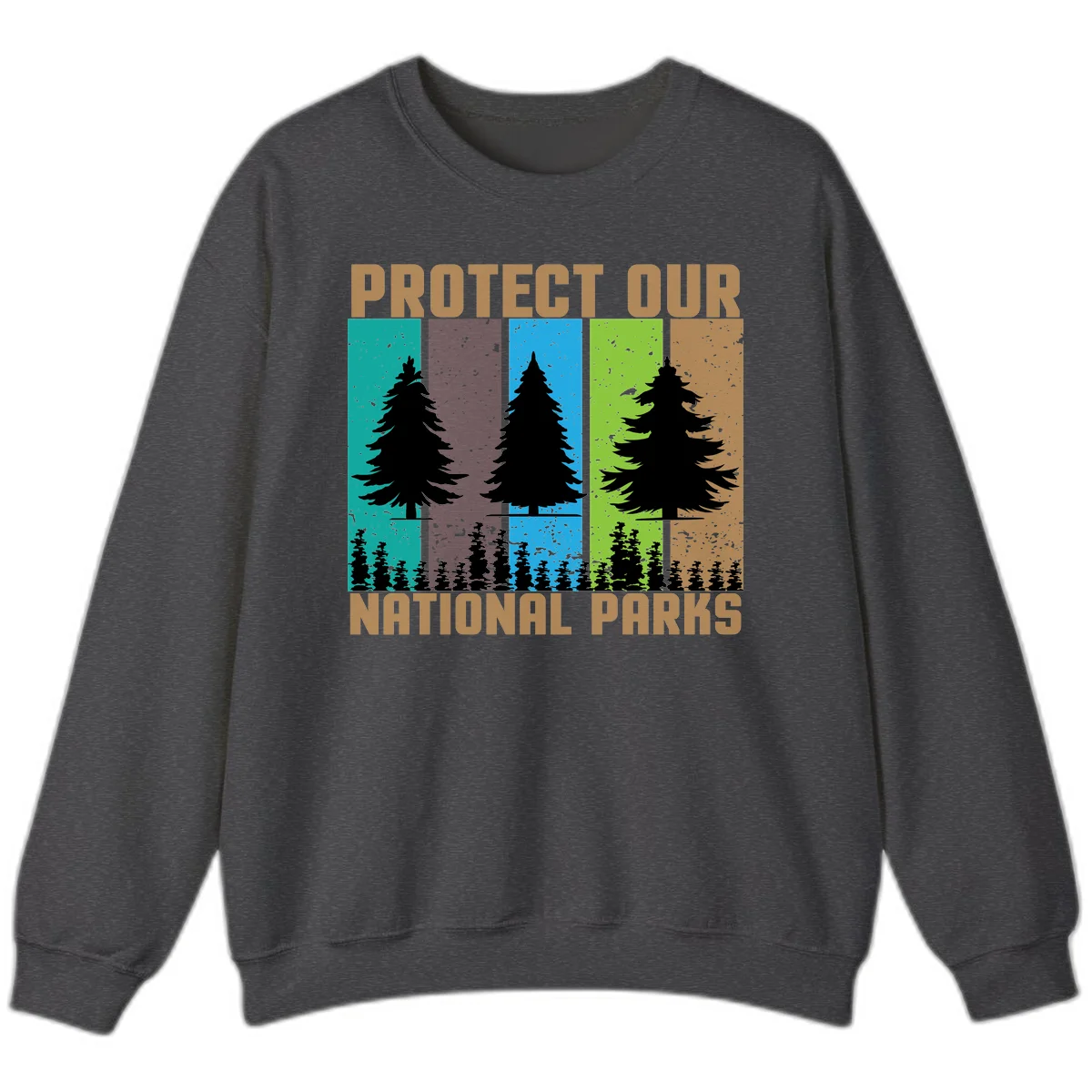 Silhouetted evergreen tree across five colorful panels with text 'Protect Our National Parks' promoting forest conservation. in Dark Heather