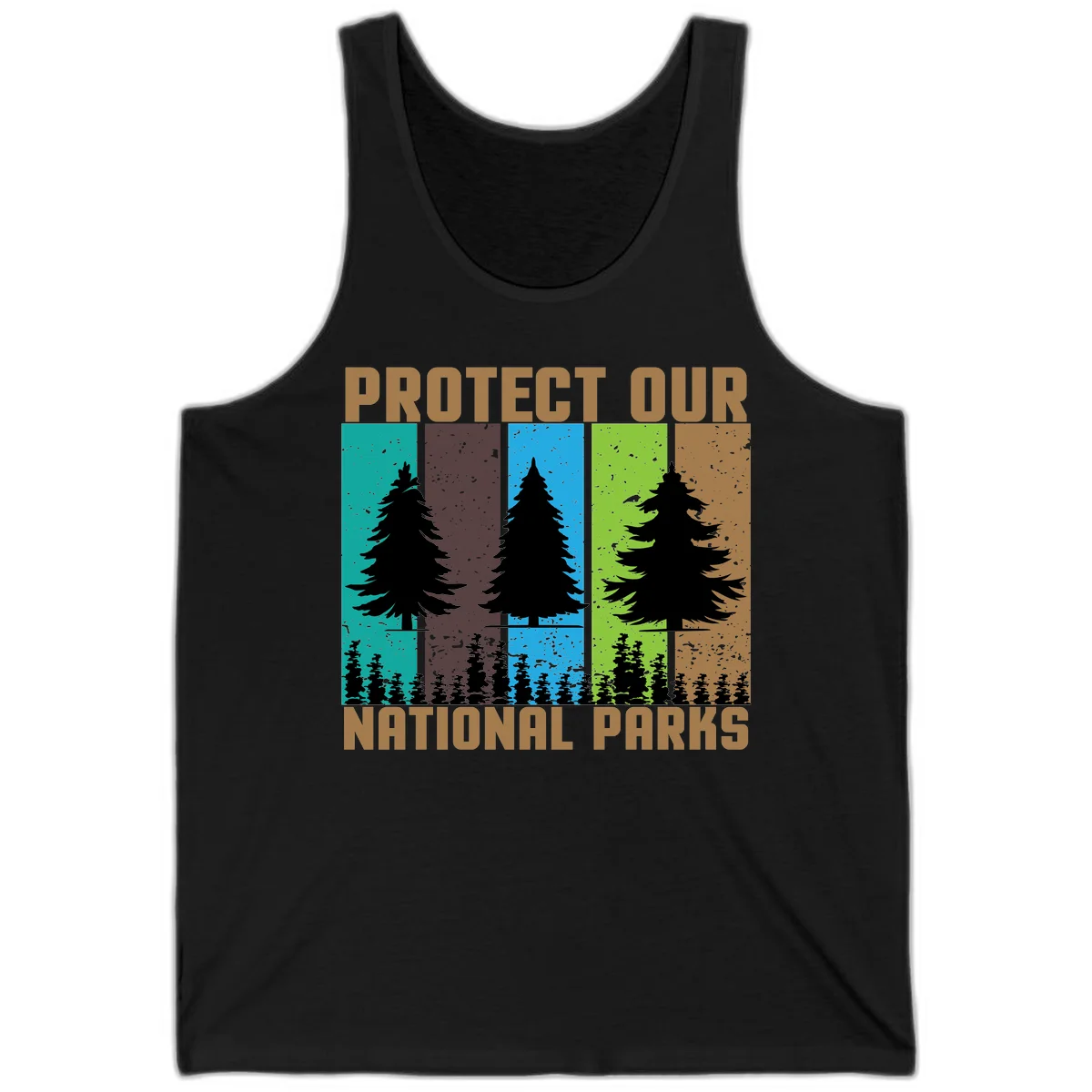 Silhouetted evergreen tree across five colorful panels with text 'Protect Our National Parks' promoting forest conservation. in Black