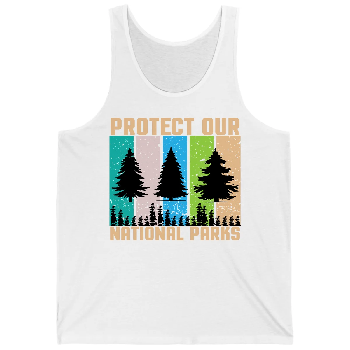 Silhouetted evergreen tree across five colorful panels with text 'Protect Our National Parks' promoting forest conservation. in White