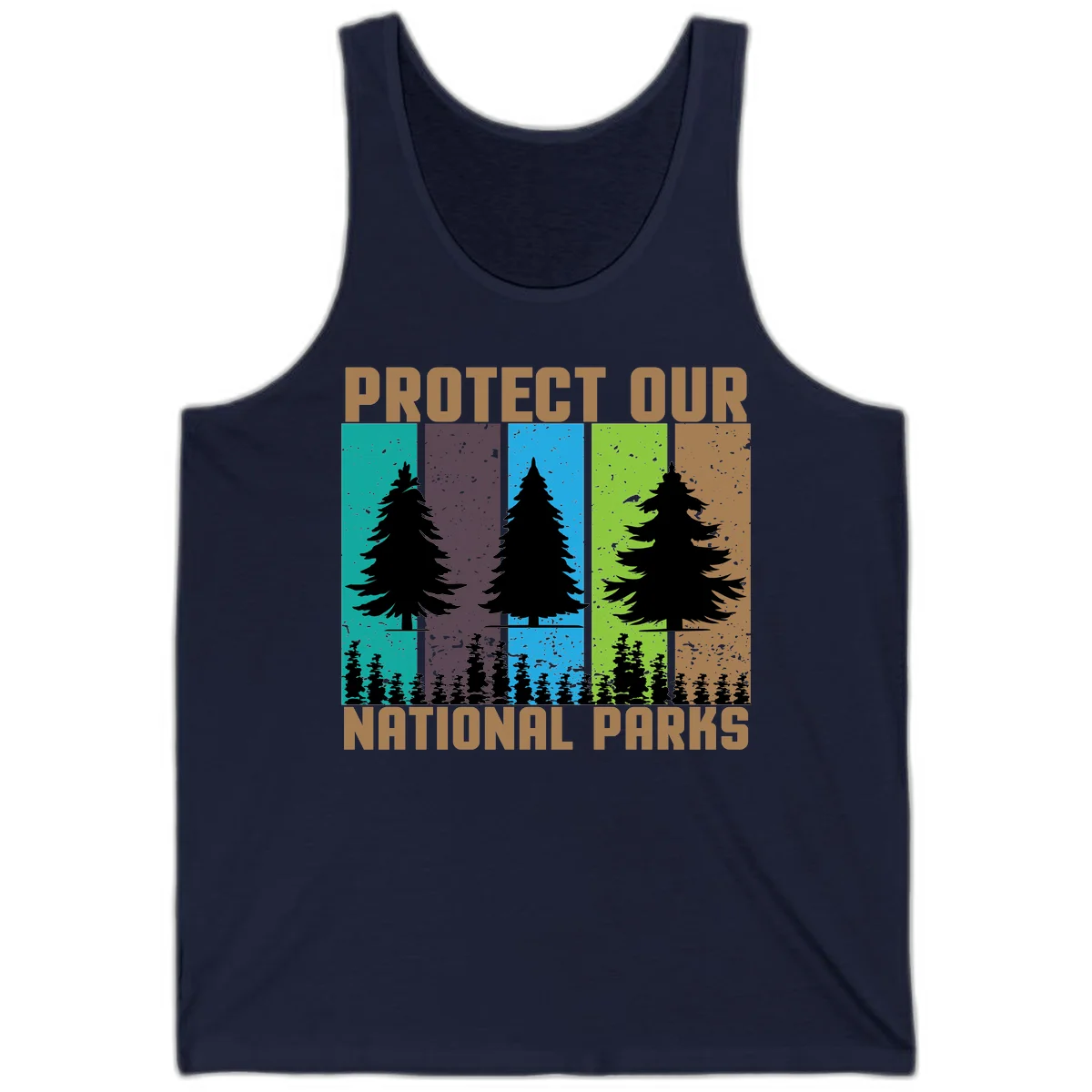 Silhouetted evergreen tree across five colorful panels with text 'Protect Our National Parks' promoting forest conservation. in Navy