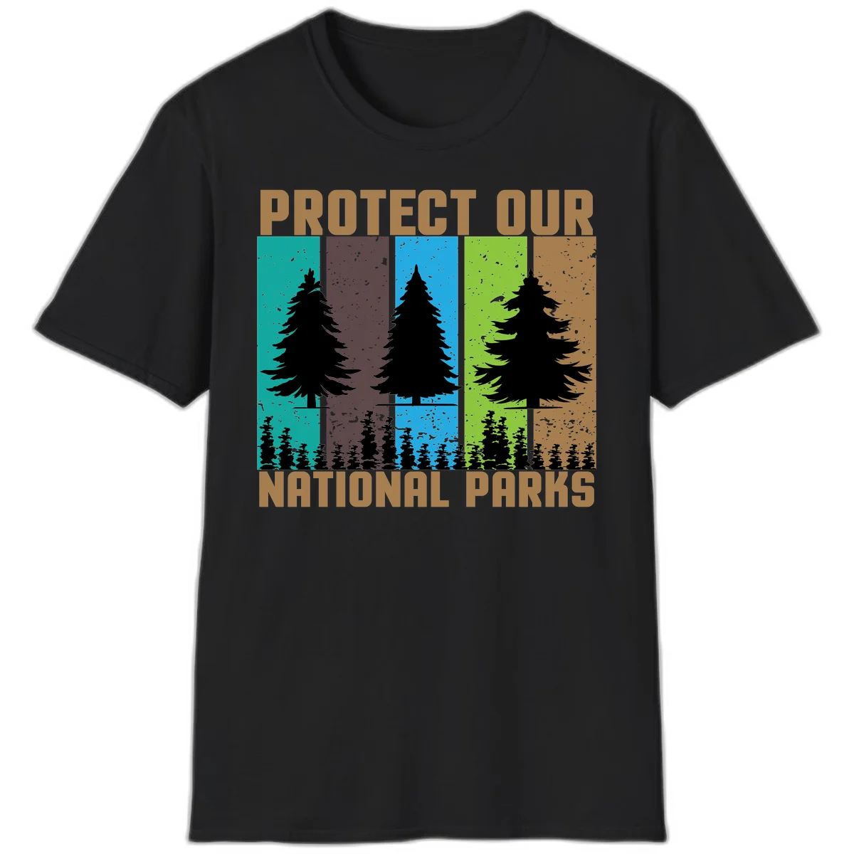 Silhouetted evergreen tree across five colorful panels with text 'Protect Our National Parks' promoting forest conservation. in Black