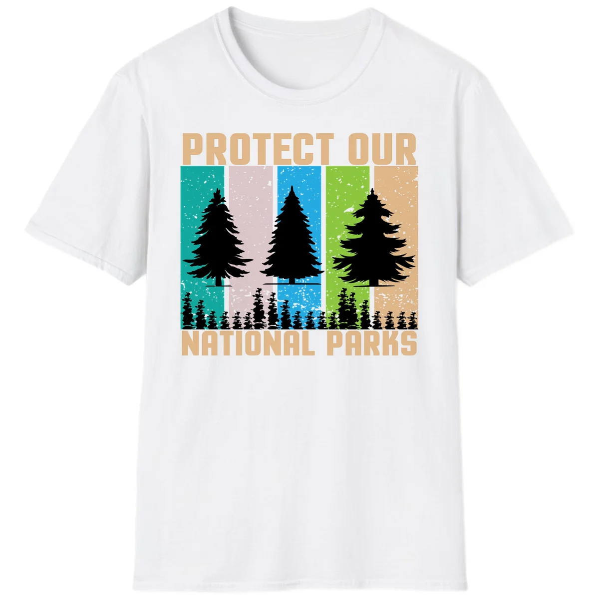 Silhouetted evergreen tree across five colorful panels with text 'Protect Our National Parks' promoting forest conservation. in White