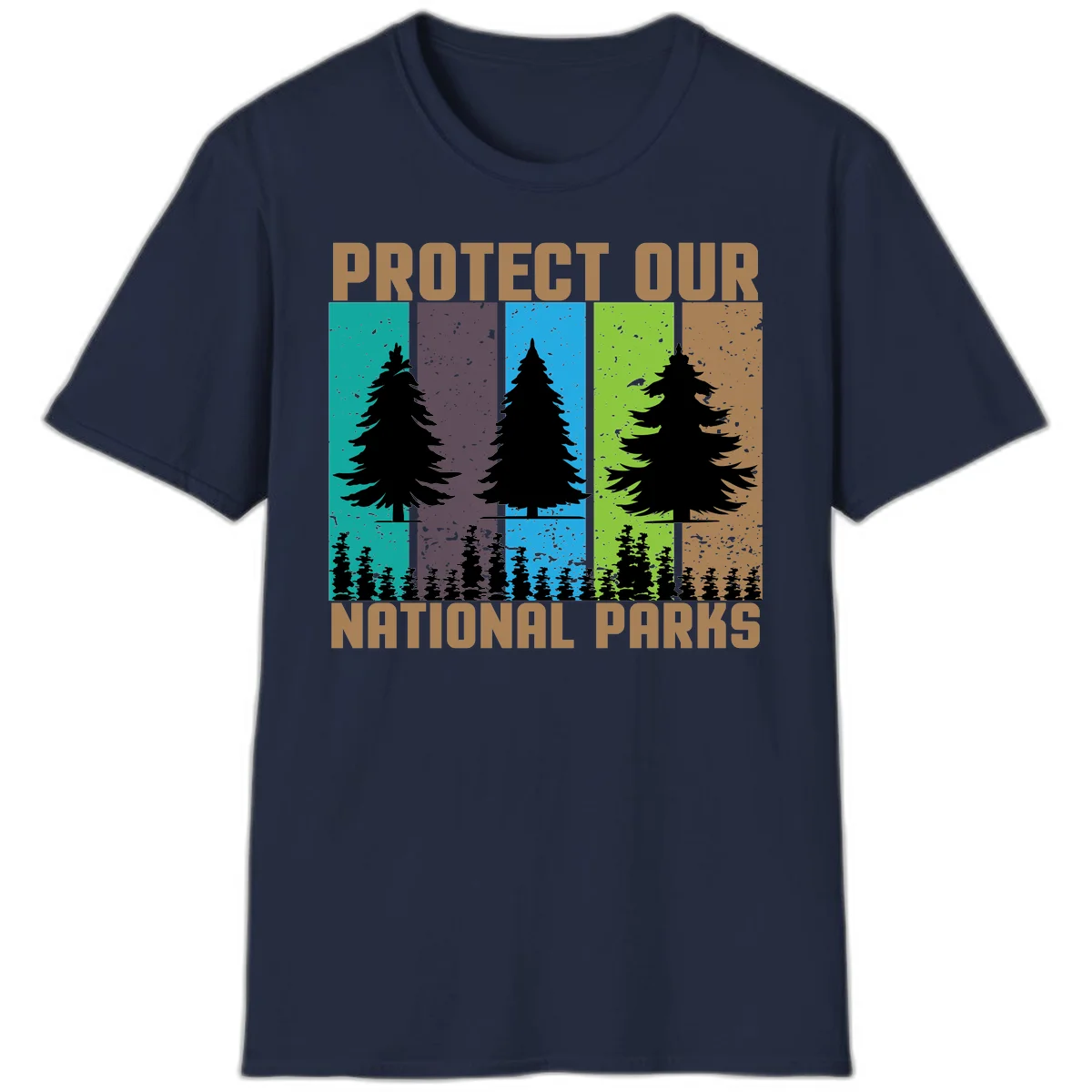 Silhouetted evergreen tree across five colorful panels with text 'Protect Our National Parks' promoting forest conservation. in Navy