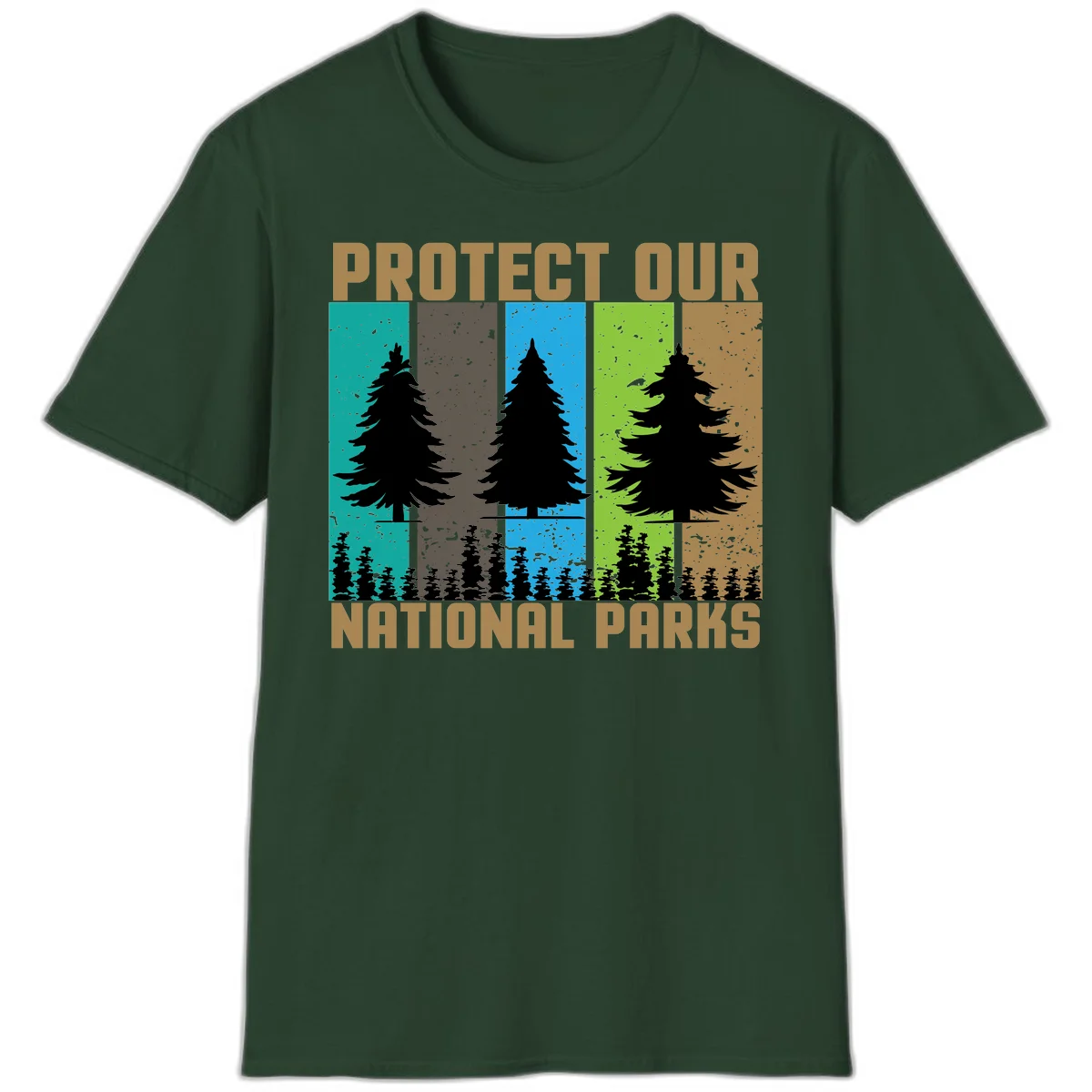 Silhouetted evergreen tree across five colorful panels with text 'Protect Our National Parks' promoting forest conservation. in Forest Green