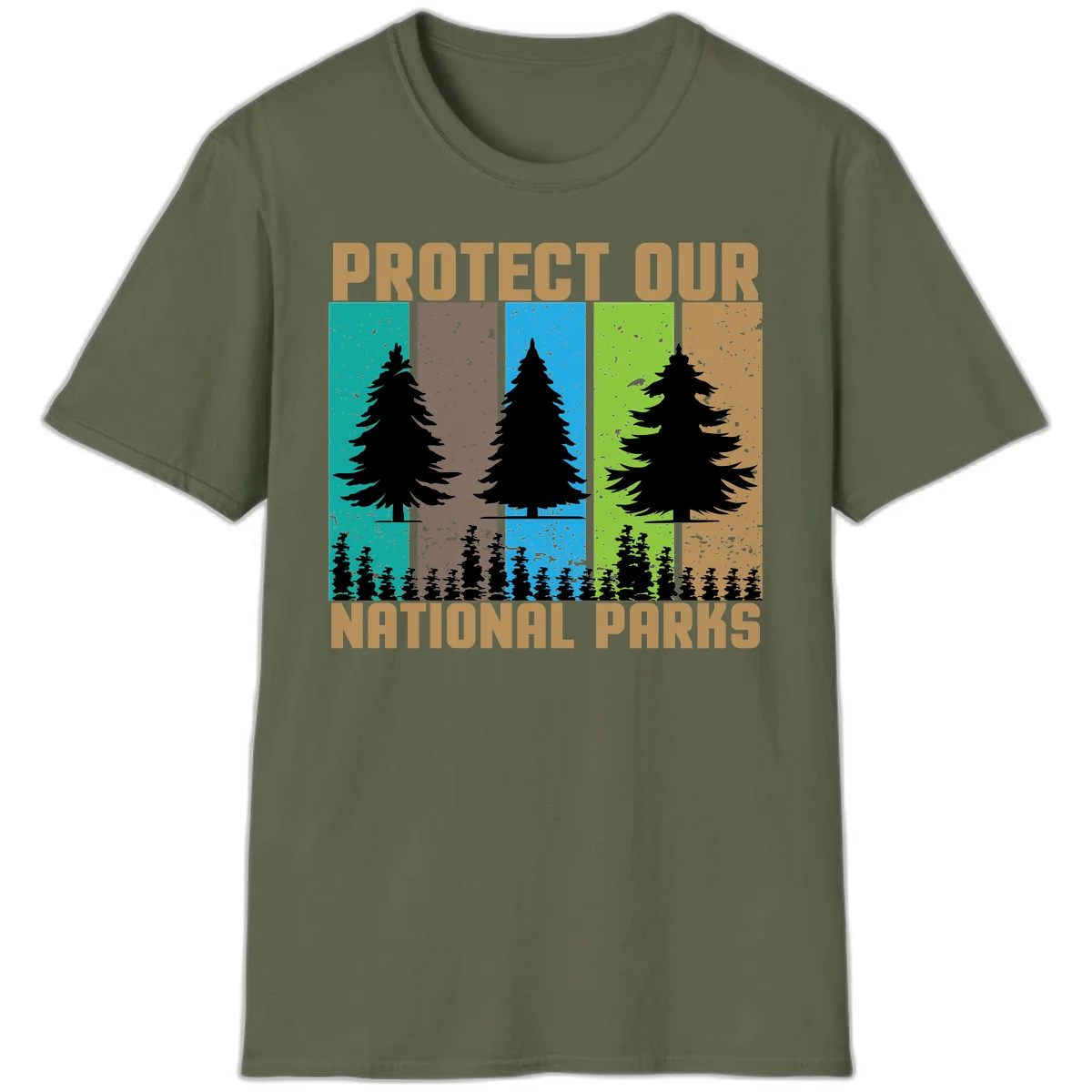 Silhouetted evergreen tree across five colorful panels with text 'Protect Our National Parks' promoting forest conservation. in Military Green