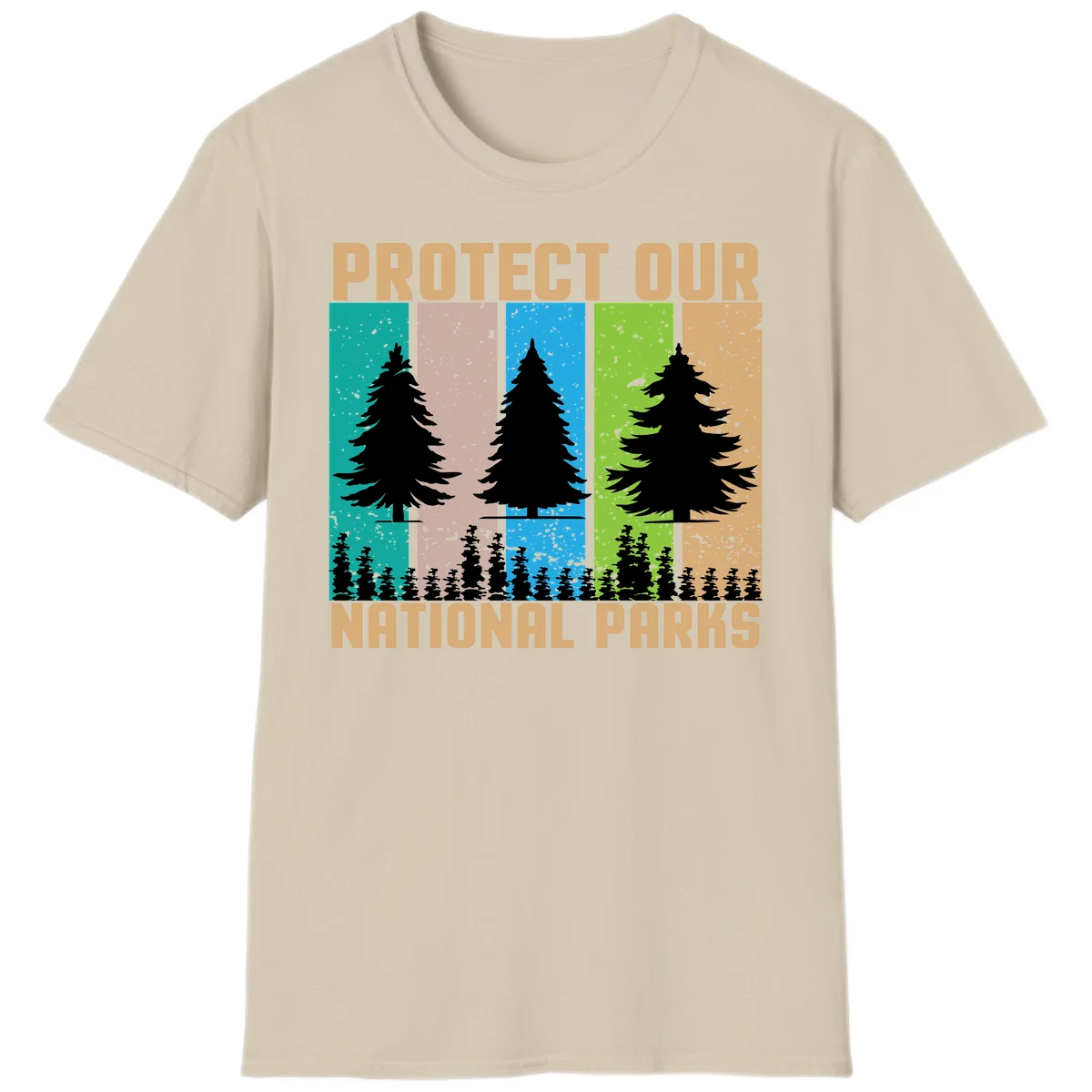 Silhouetted evergreen tree across five colorful panels with text 'Protect Our National Parks' promoting forest conservation. in Sand