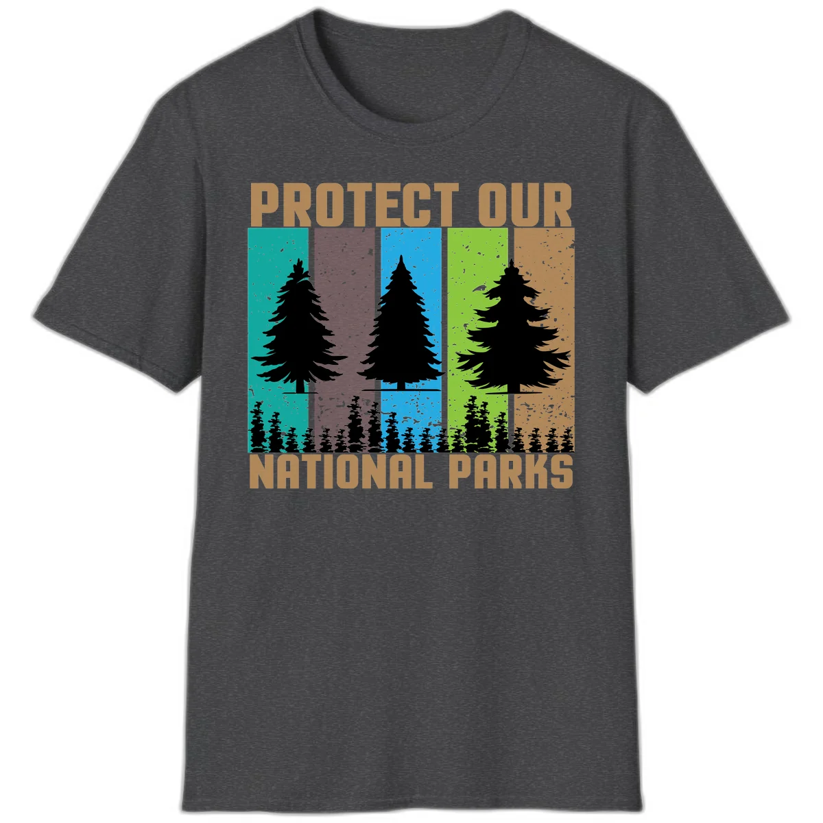 Silhouetted evergreen tree across five colorful panels with text 'Protect Our National Parks' promoting forest conservation. in Dark Heather