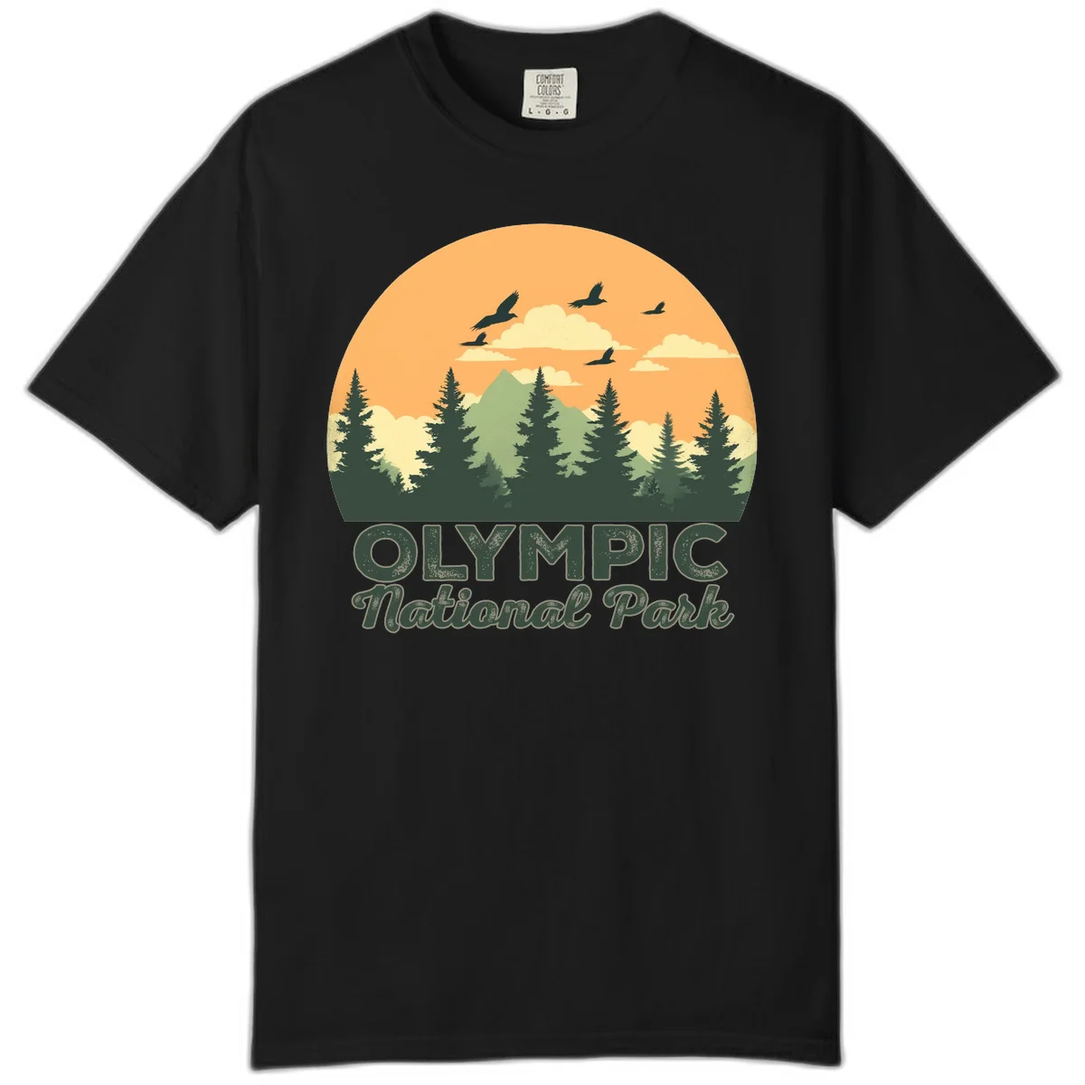 Retro vintage illustration of Olympic National Park with evergreen forest, mountain peak, and sunset sky with flying birds in Black