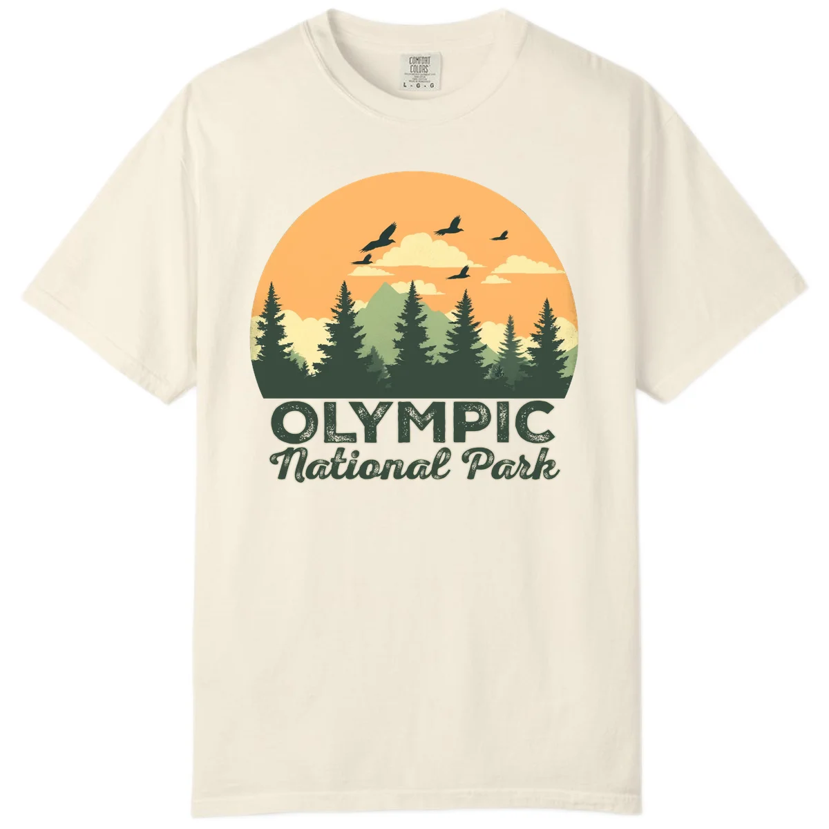 Retro vintage illustration of Olympic National Park with evergreen forest, mountain peak, and sunset sky with flying birds in Ivory