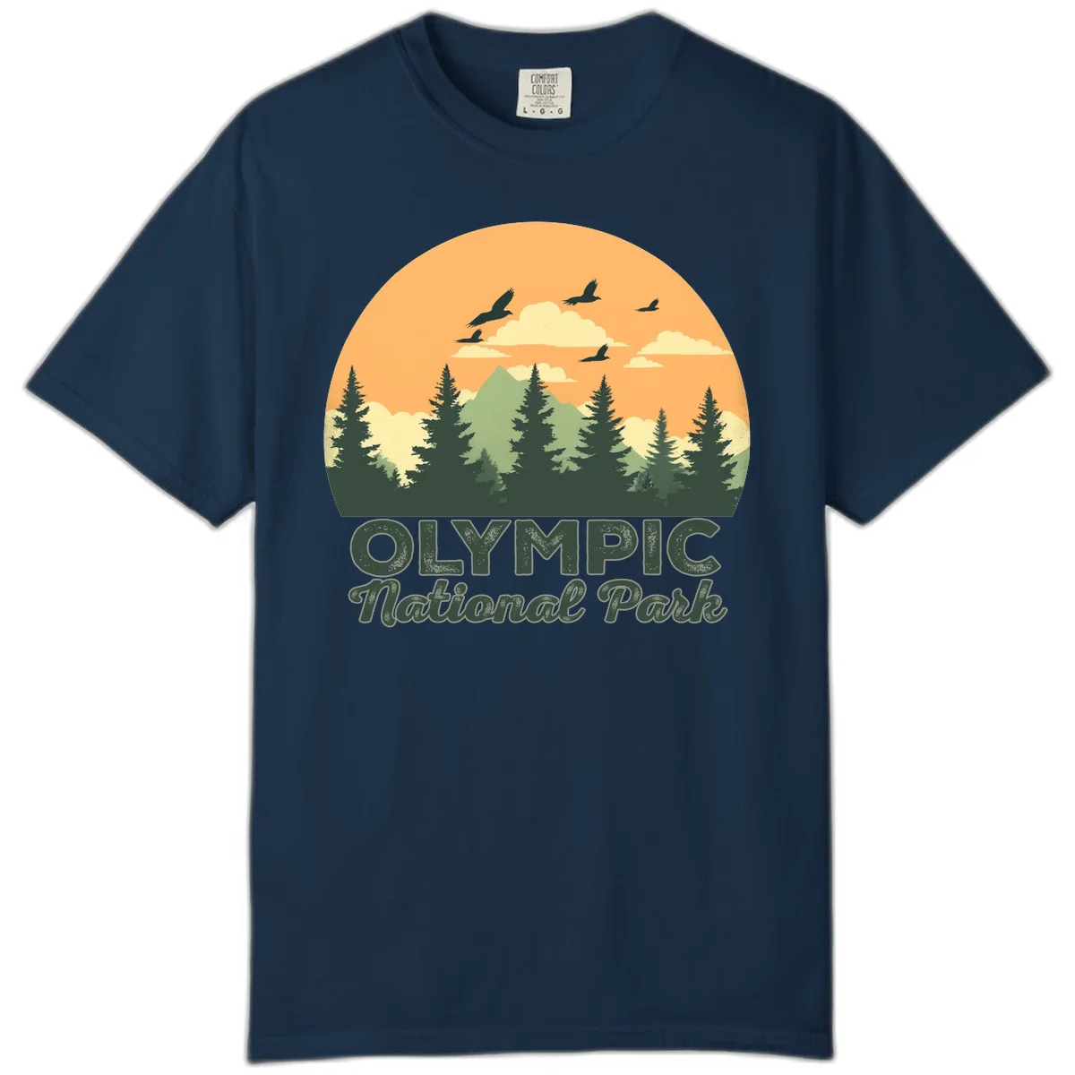 Retro vintage illustration of Olympic National Park with evergreen forest, mountain peak, and sunset sky with flying birds in True Navy