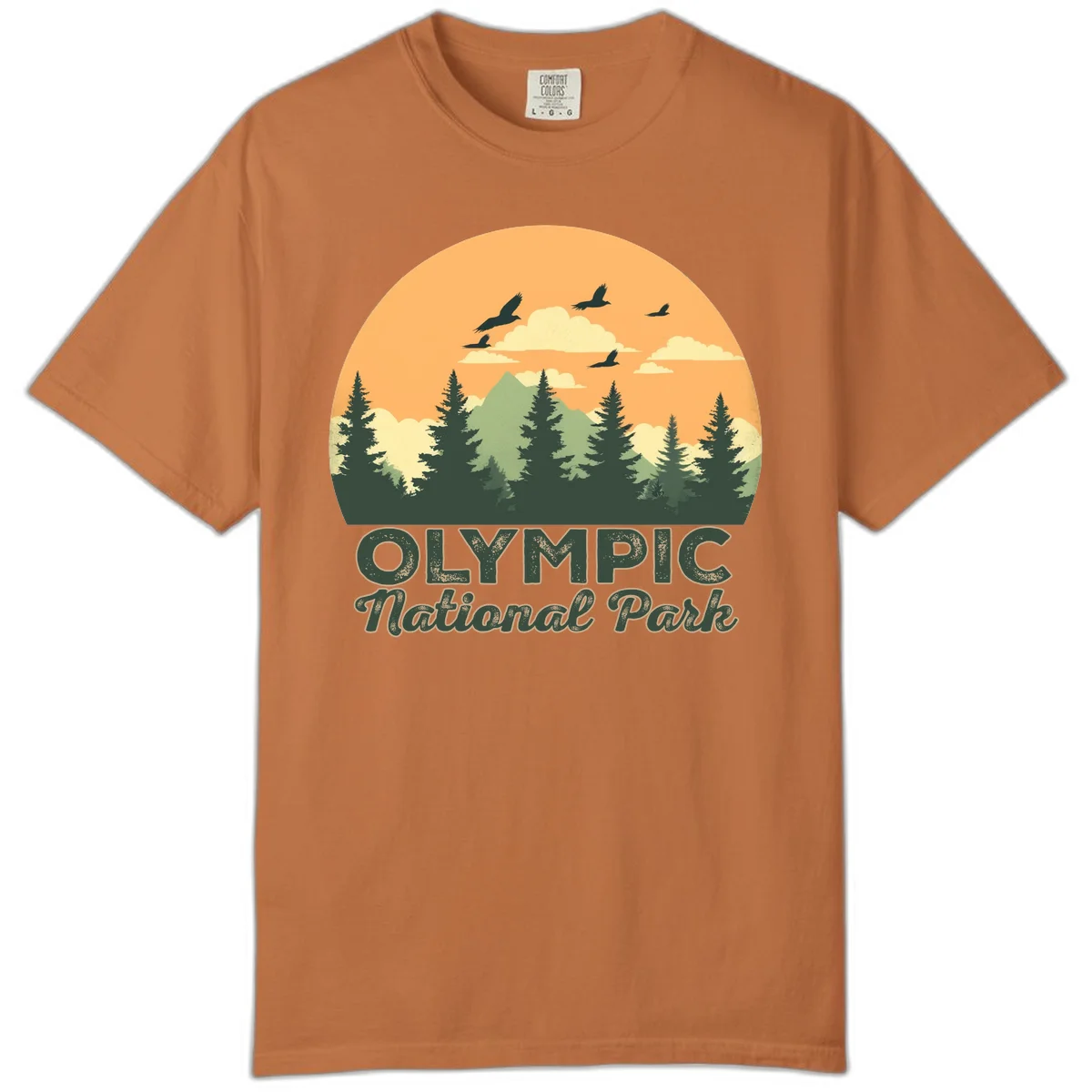 Retro vintage illustration of Olympic National Park with evergreen forest, mountain peak, and sunset sky with flying birds in Yam