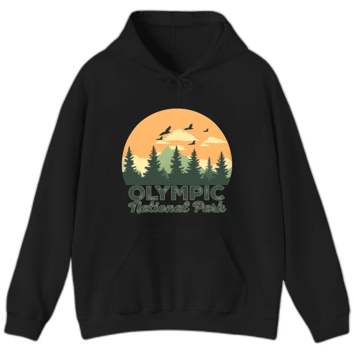 Retro vintage illustration of Olympic National Park with evergreen forest, mountain peak, and sunset sky with flying birds in Black