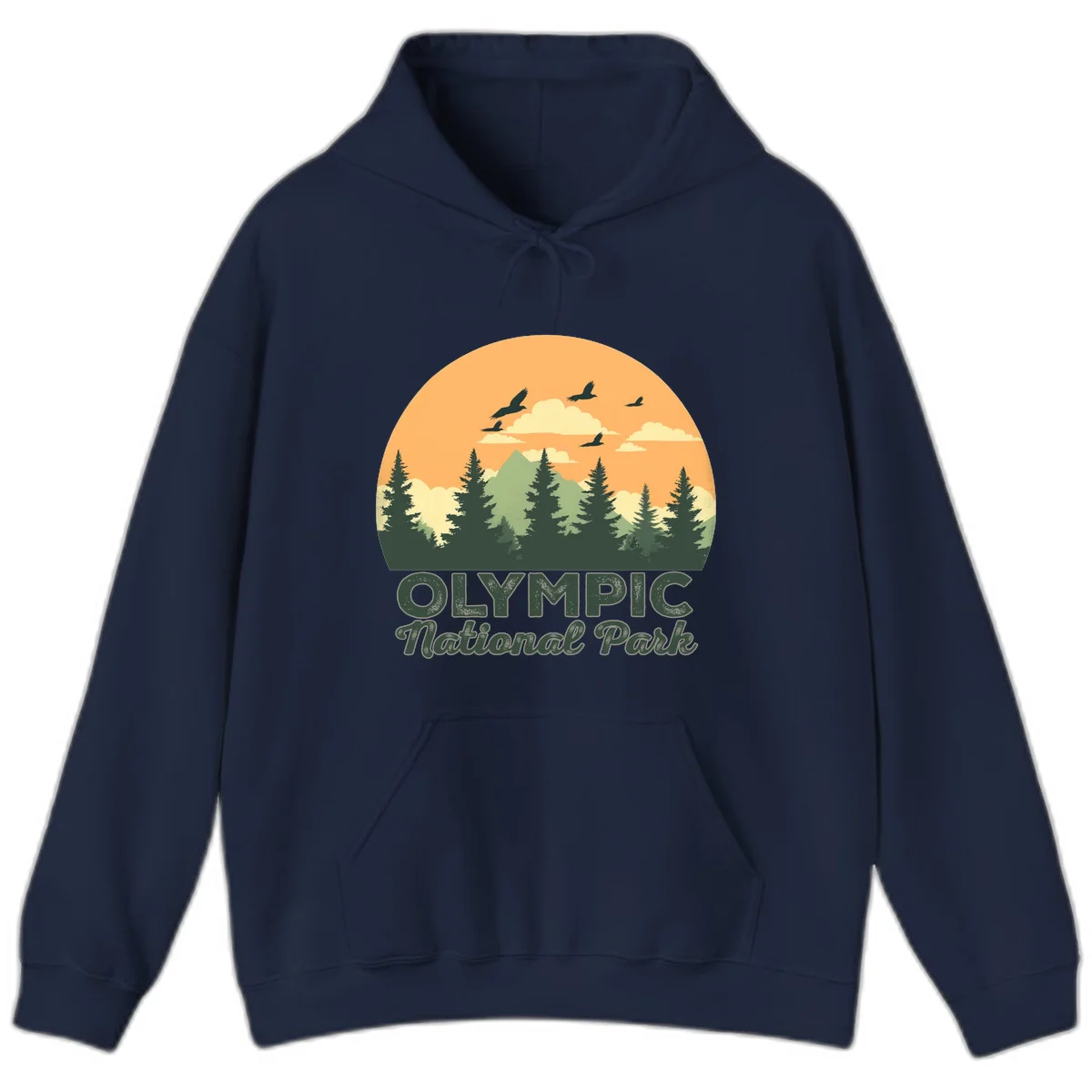 Retro vintage illustration of Olympic National Park with evergreen forest, mountain peak, and sunset sky with flying birds in Navy