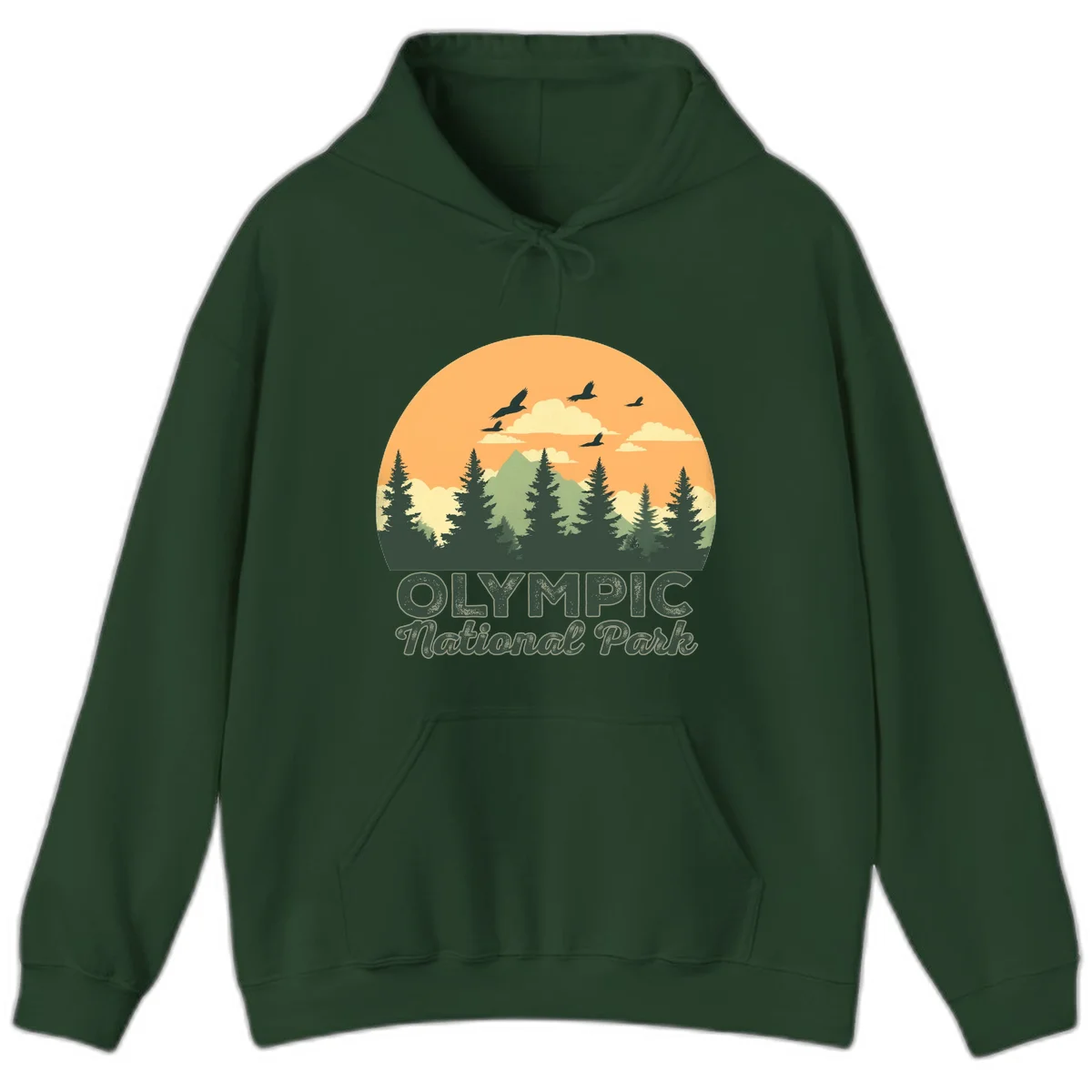 Retro vintage illustration of Olympic National Park with evergreen forest, mountain peak, and sunset sky with flying birds in Forest Green