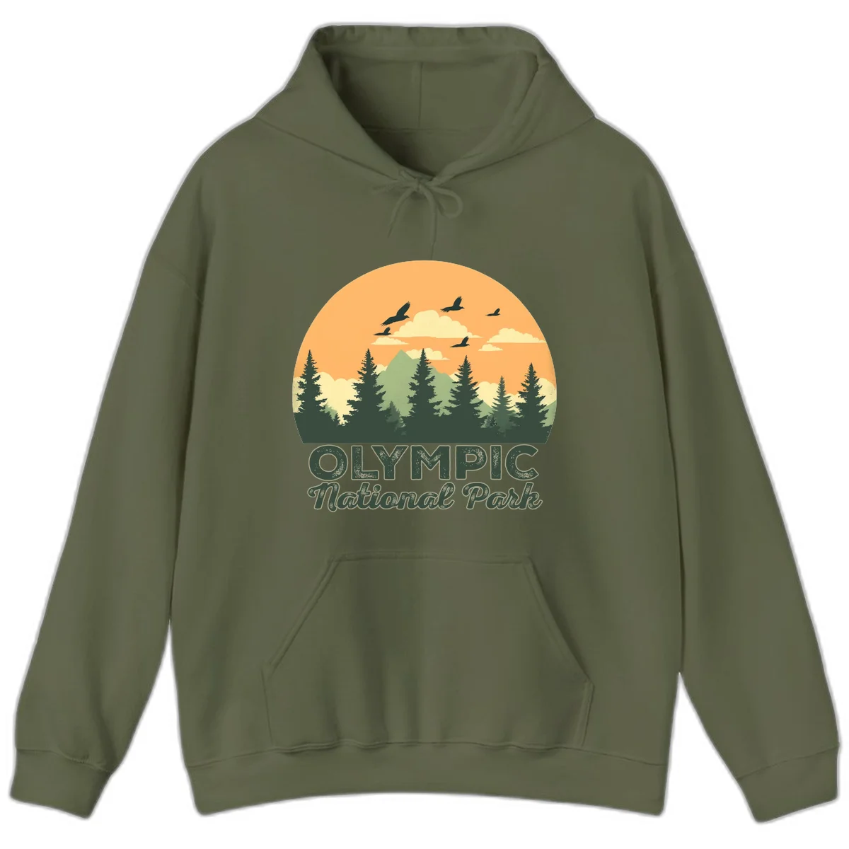 Retro vintage illustration of Olympic National Park with evergreen forest, mountain peak, and sunset sky with flying birds in Military Green