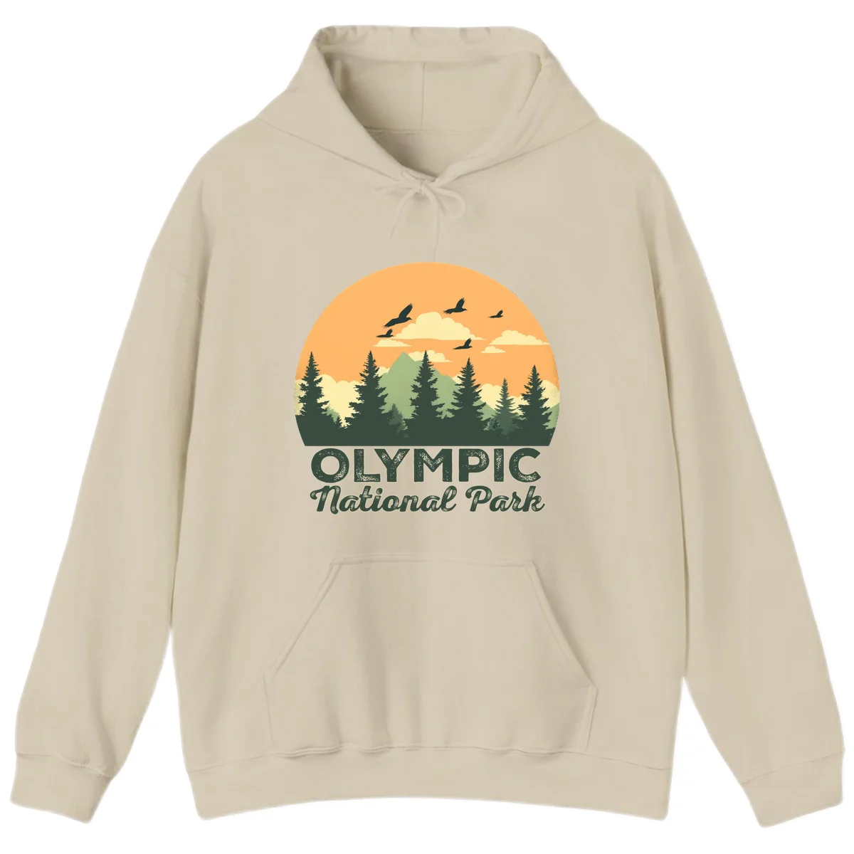 Retro vintage illustration of Olympic National Park with evergreen forest, mountain peak, and sunset sky with flying birds in Sand
