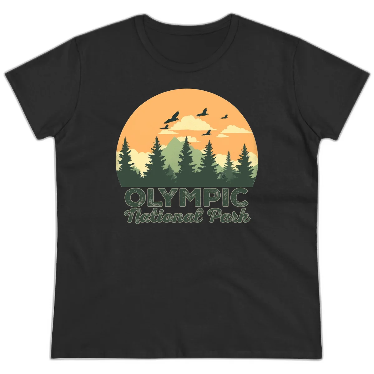 Retro vintage illustration of Olympic National Park with evergreen forest, mountain peak, and sunset sky with flying birds in Black