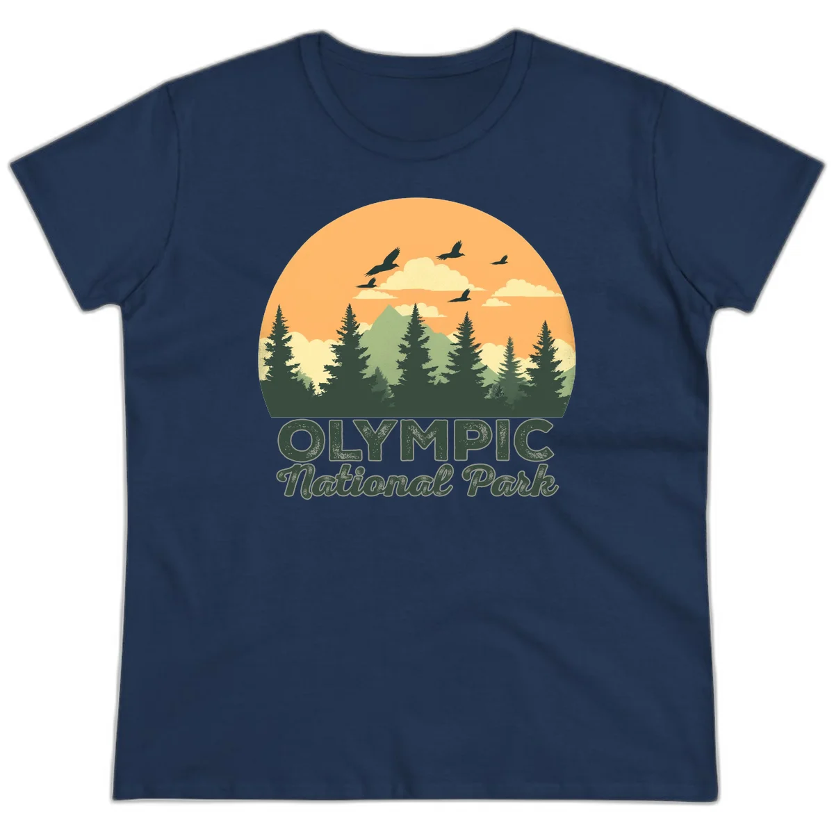 Retro vintage illustration of Olympic National Park with evergreen forest, mountain peak, and sunset sky with flying birds in Navy